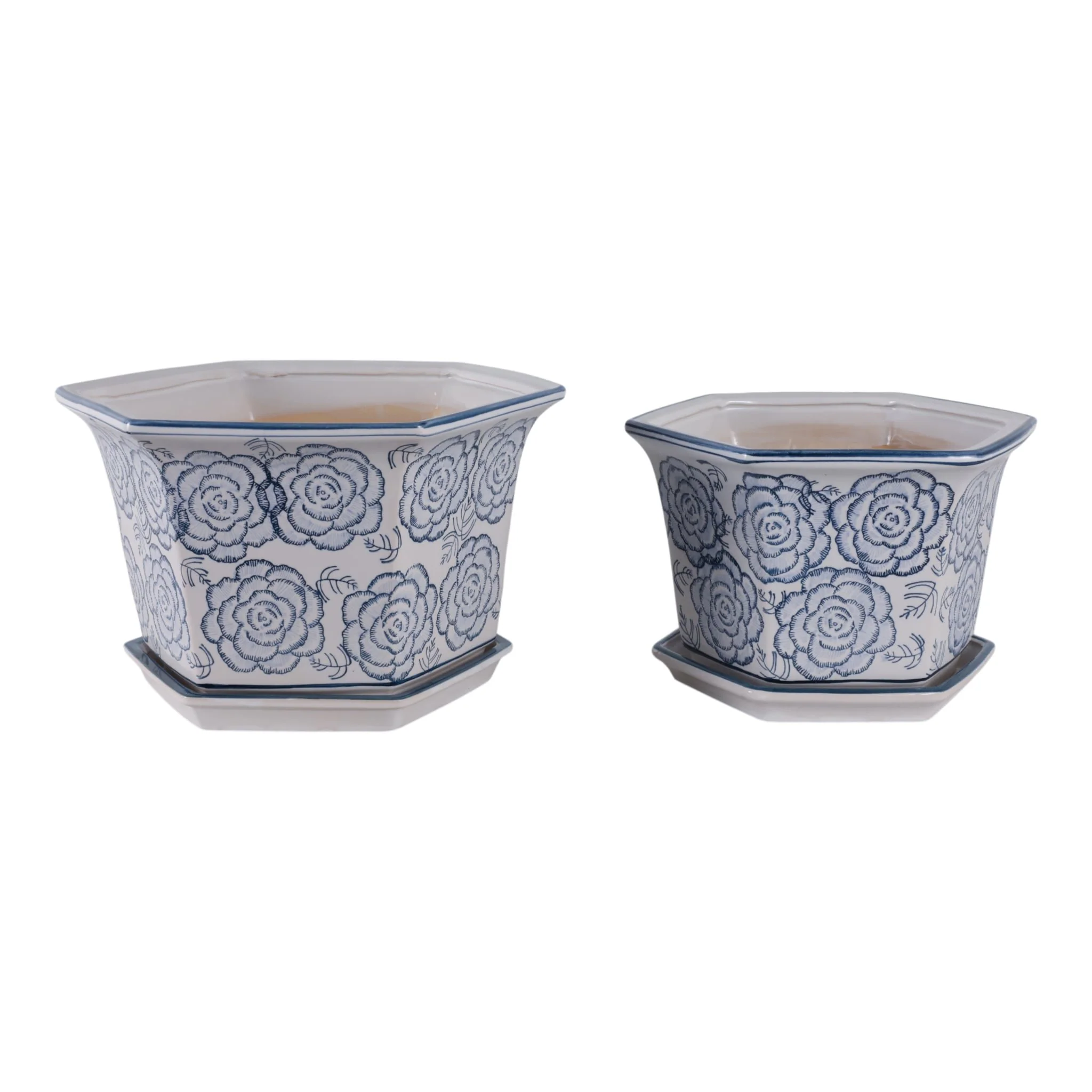 S/2 10/12" Chinoiserie Saucer Planter, Blue/white