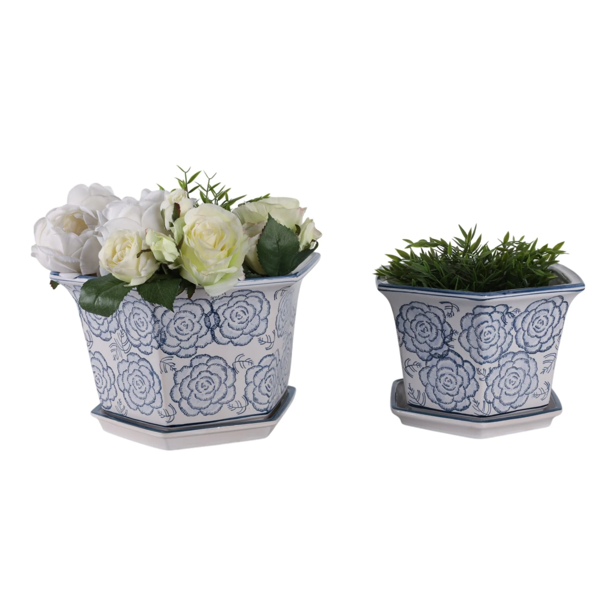 S/2 10/12" Chinoiserie Saucer Planter, Blue/white - Image 2