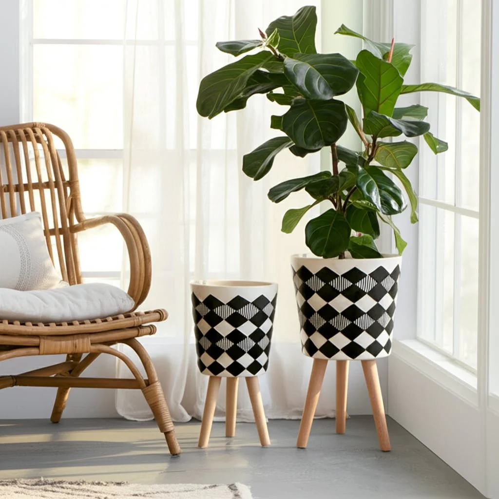 S/2 10/12" Diamond Planter W/ Wood Legs, Black(kd) - Image 12