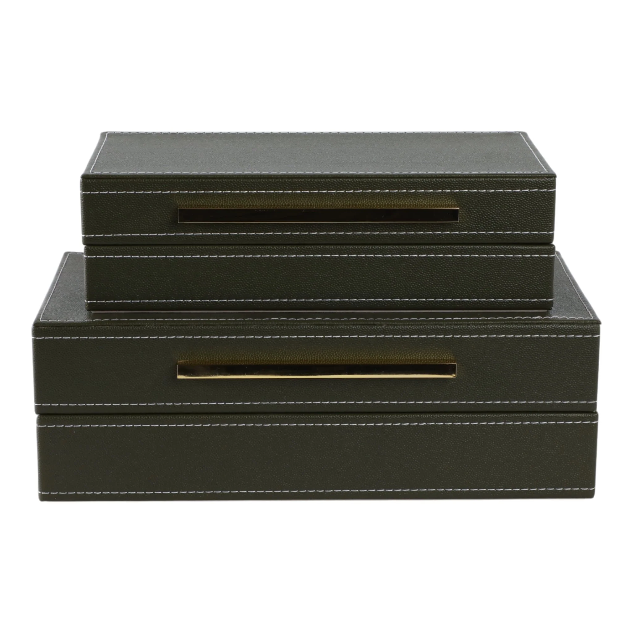 S/2 10/12" Faux Leather Stitched Edge Boxes Green - Image 3
