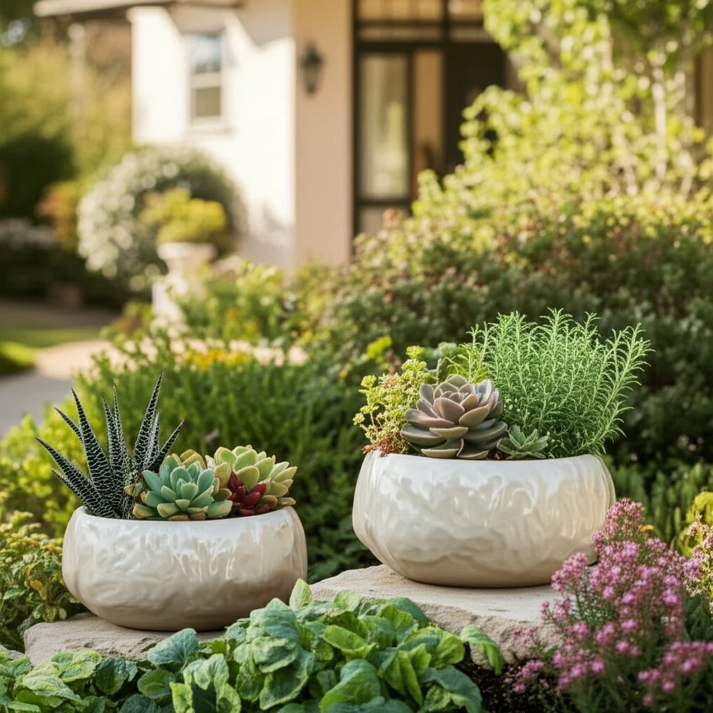 S/2 10/12" Iridescent Bowl Planters, White - Image 11