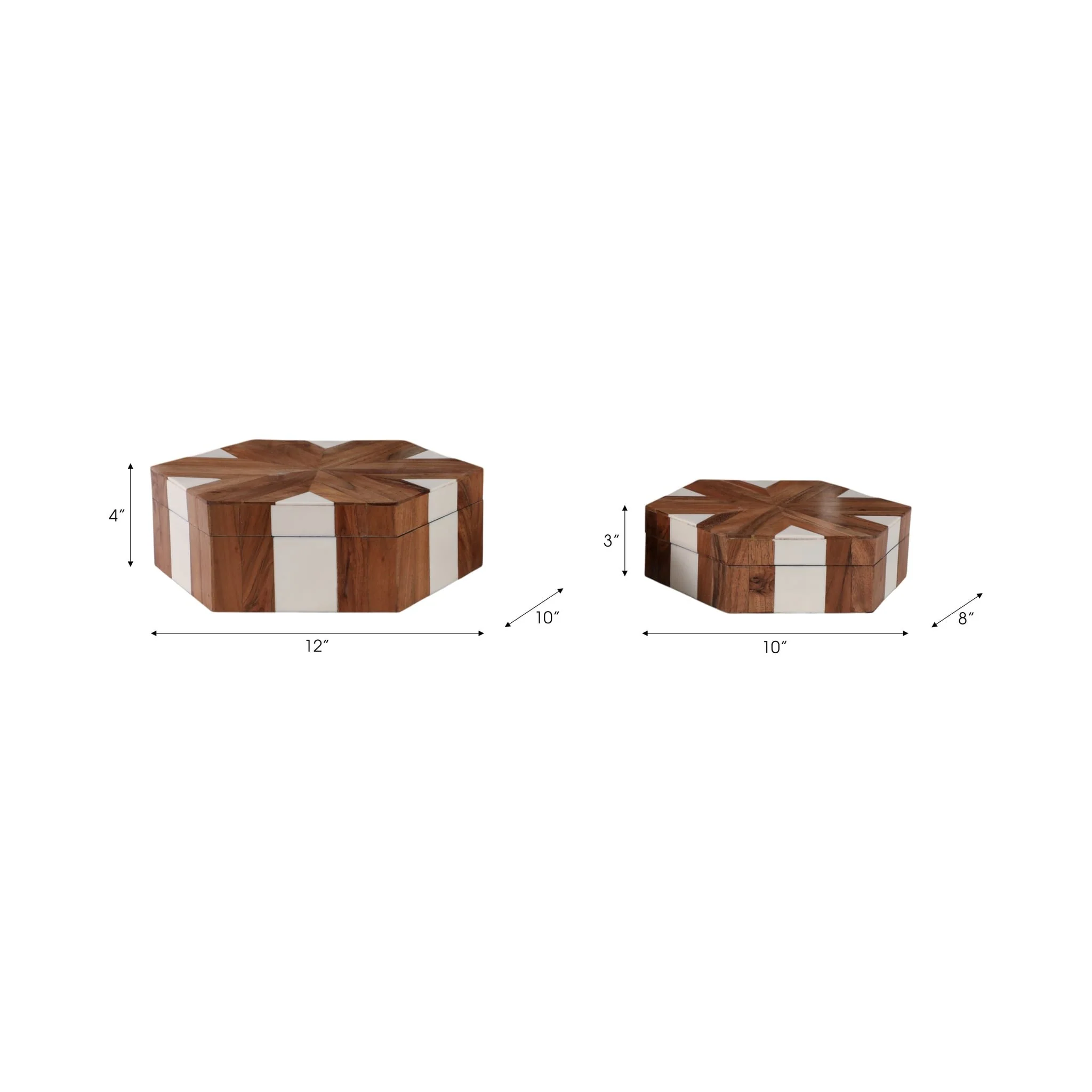 S/2 10/12" Wood Inlay Hexagon Boxes, Natural/white - Image 2