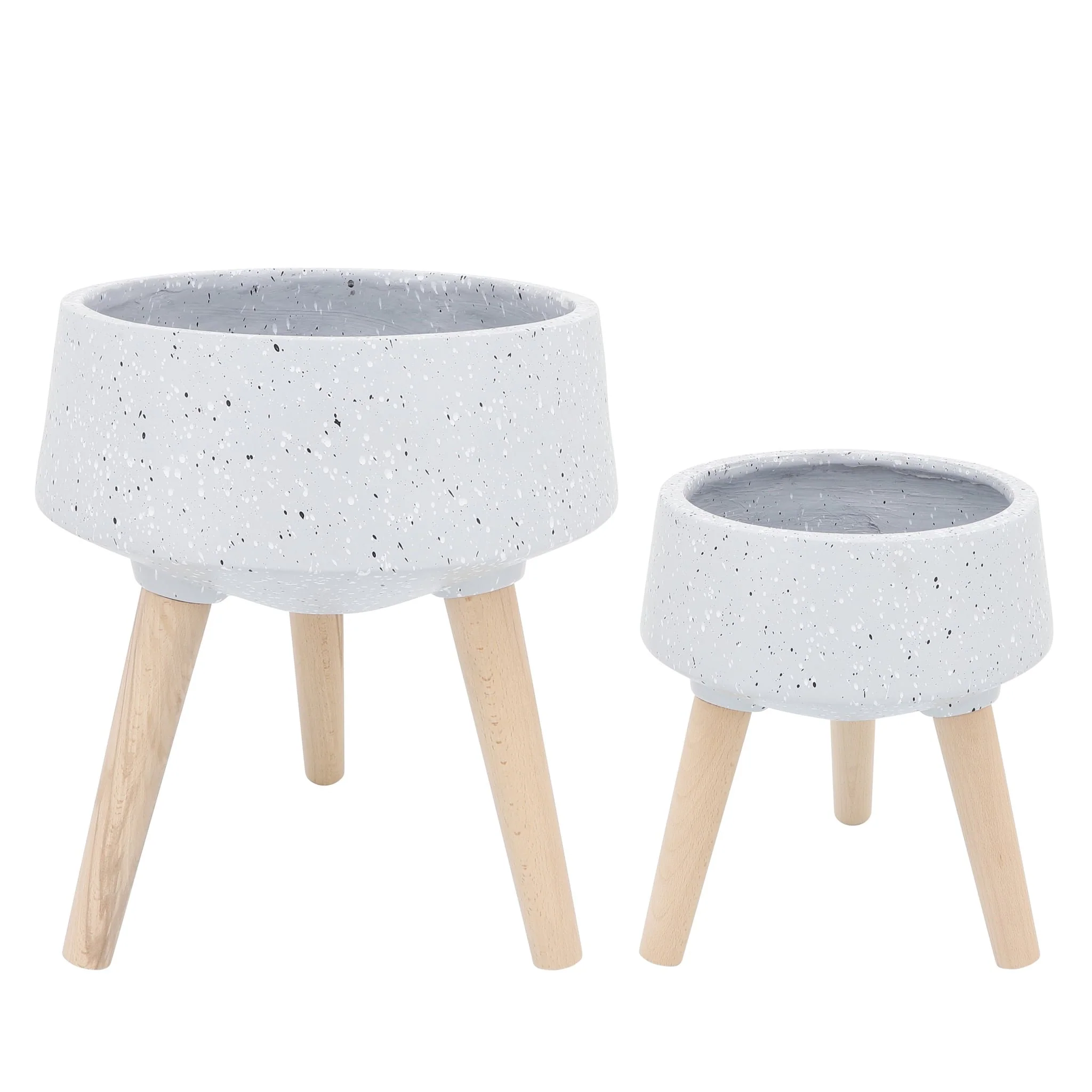 S/2 11/15" Terrazzo Planter W/ Wood Legs, Gray