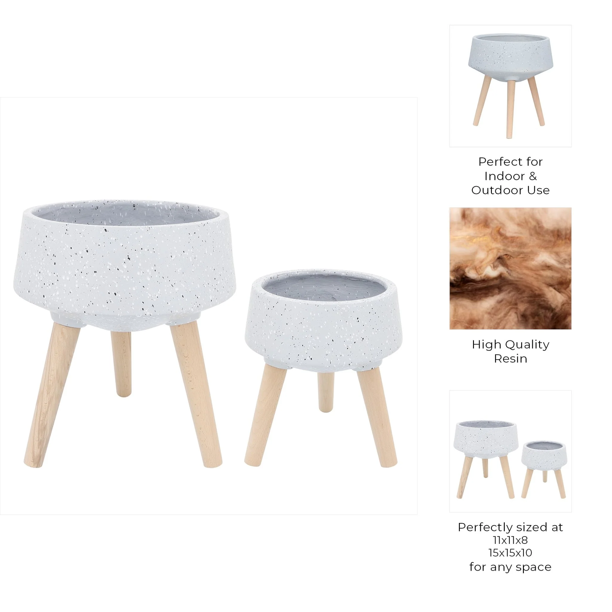 S/2 11/15" Terrazzo Planter W/ Wood Legs, Gray - Image 10