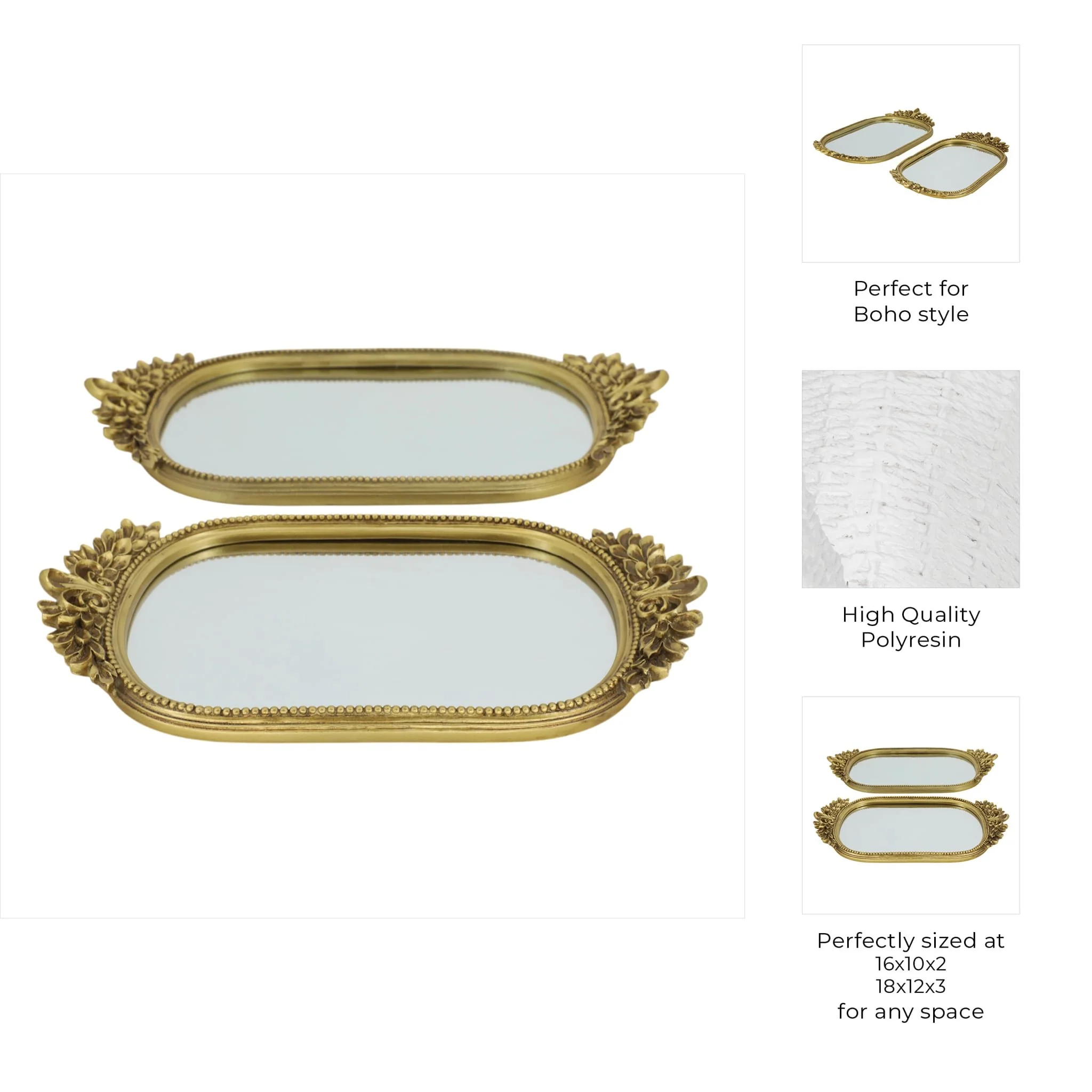 S/2 16/18" Fleur Ornate Trays, Gold - Image 8