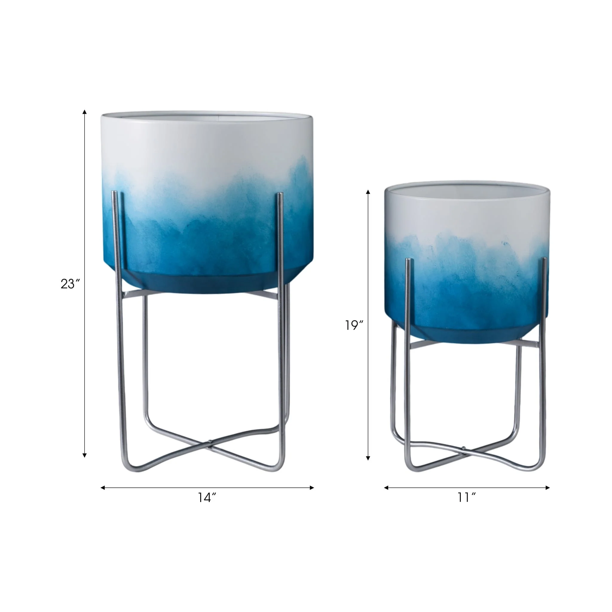 S/2 19/23" Ombre Metal Planters On Stands, Blue Kd - Image 8