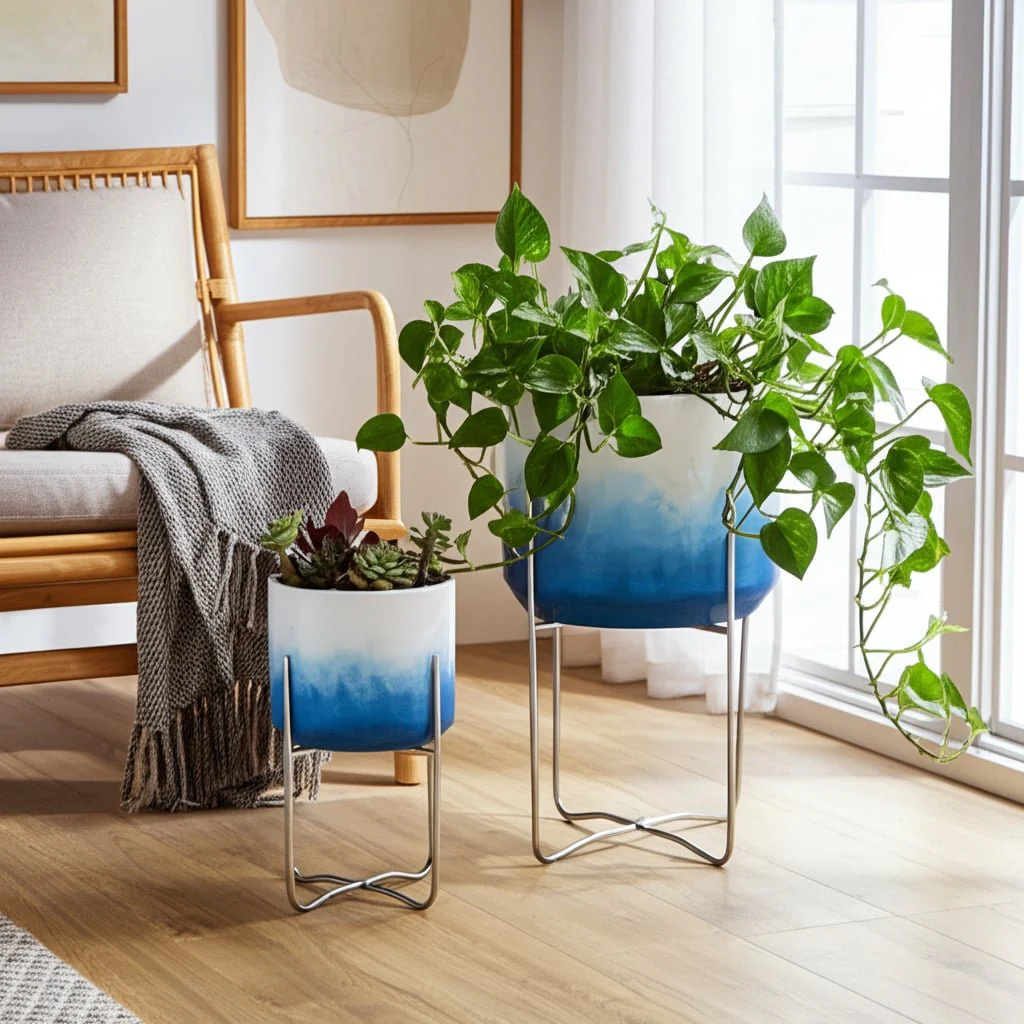 S/2 19/23" Ombre Metal Planters On Stands, Blue Kd - Image 9