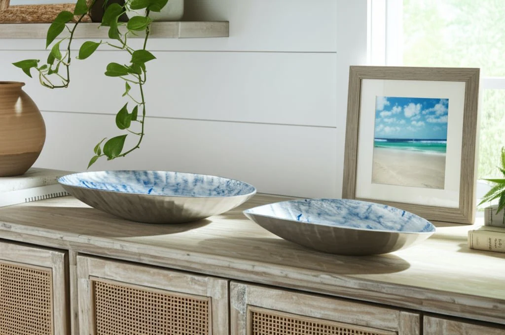 S/2 20/23" Oval Metal Bowl W/ Enamel,light Blu/sil - Image 11