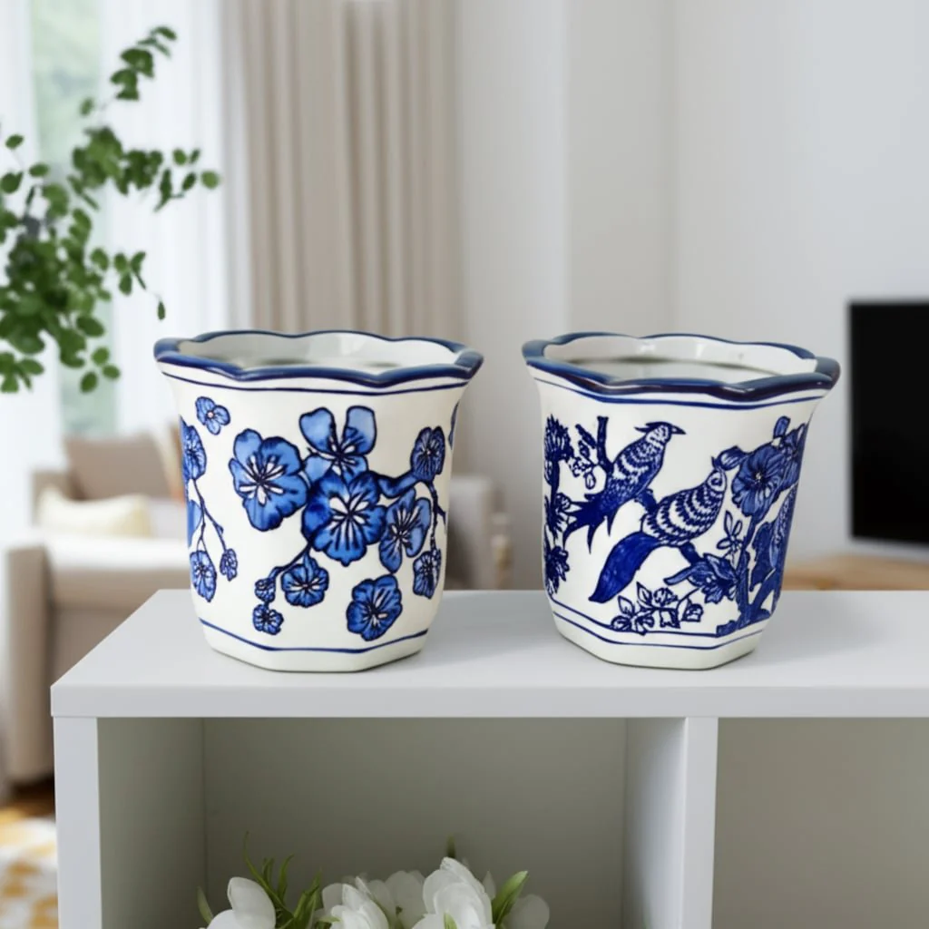 S/2 4" Petal Trim Chinoiserie Pencil Cups, Blu/wht - Image 2