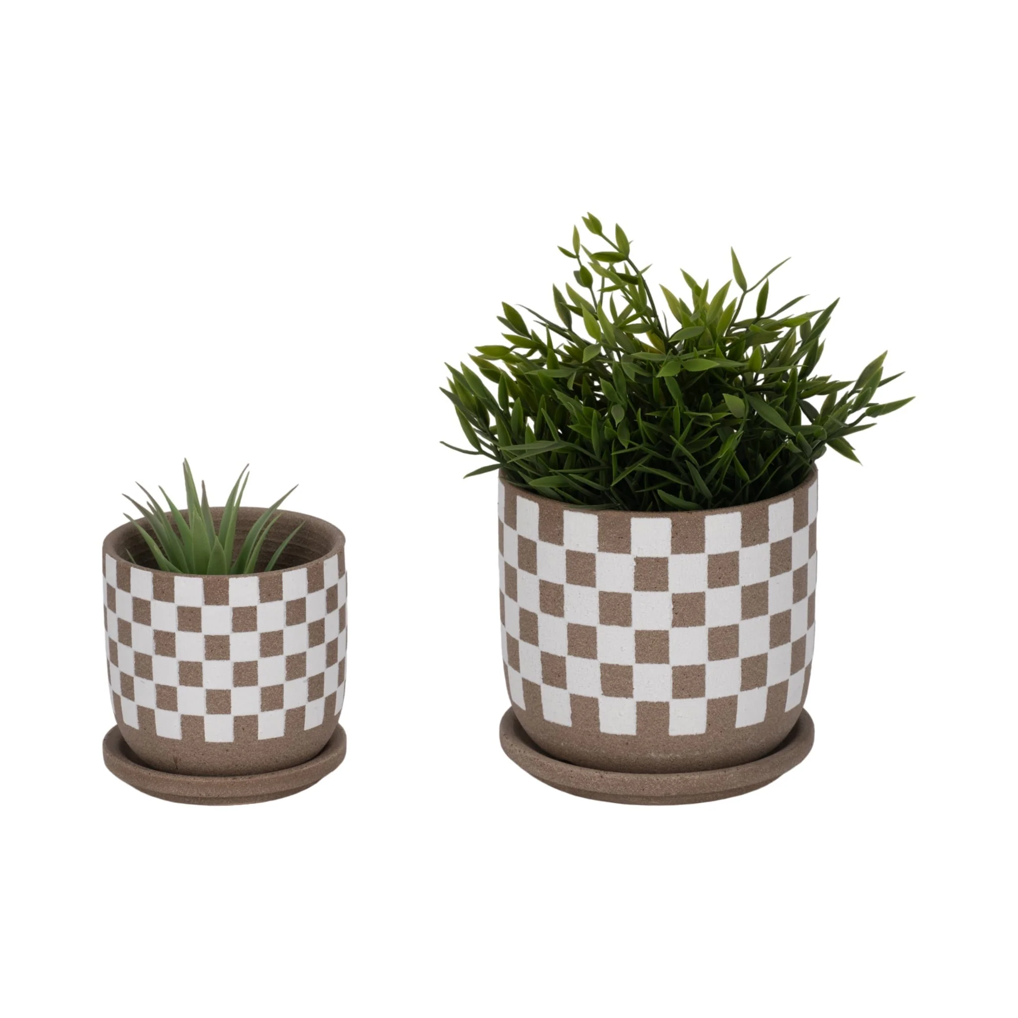 S/2 5/6" Checkerboard Saucer Planters, White/tan - Image 2