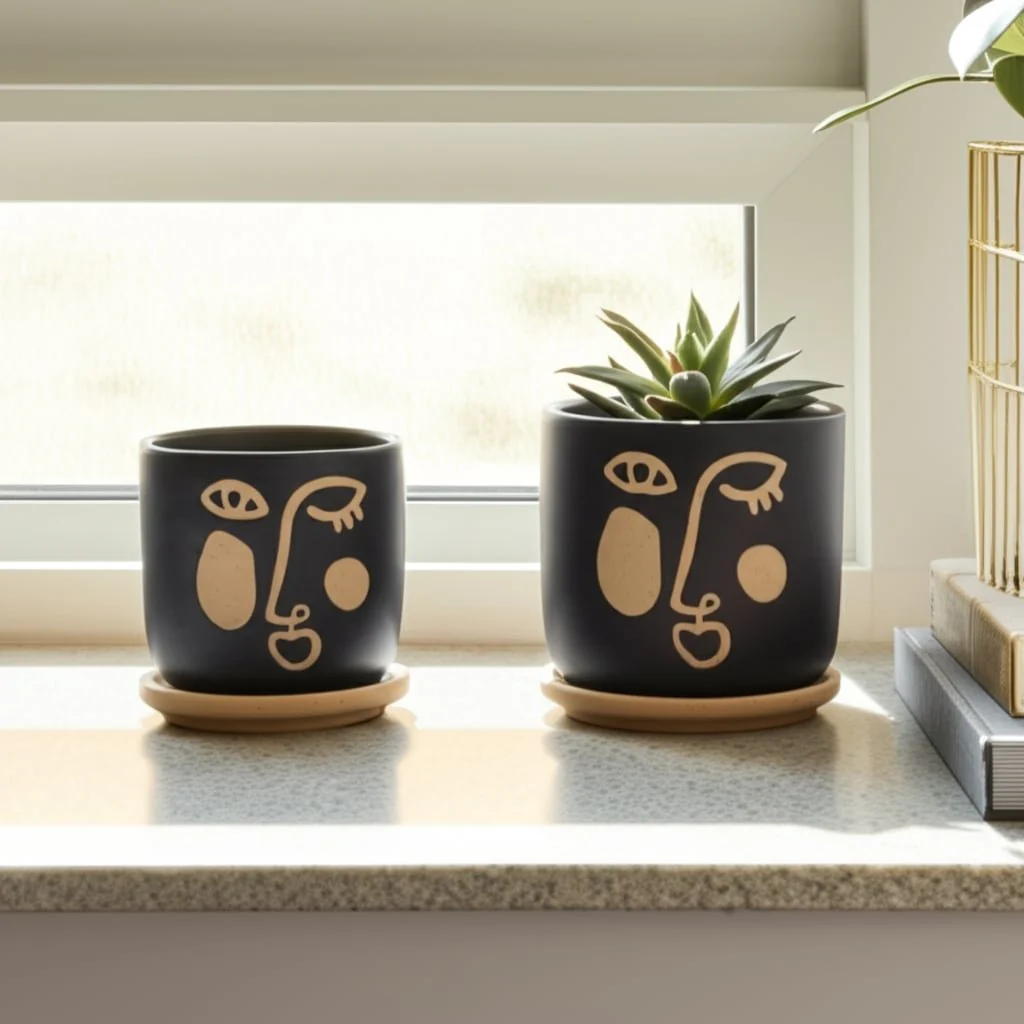 S/2 5/6" Funky Face Planter W/ Saucer, Black - Image 11