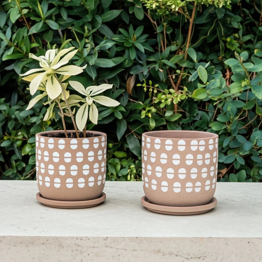 S/2 5/6" Hand Stamped Saucer Planters, Tan/white - Image 11