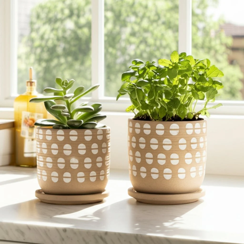 S/2 5/6" Hand Stamped Saucer Planters, Tan/white - Image 12