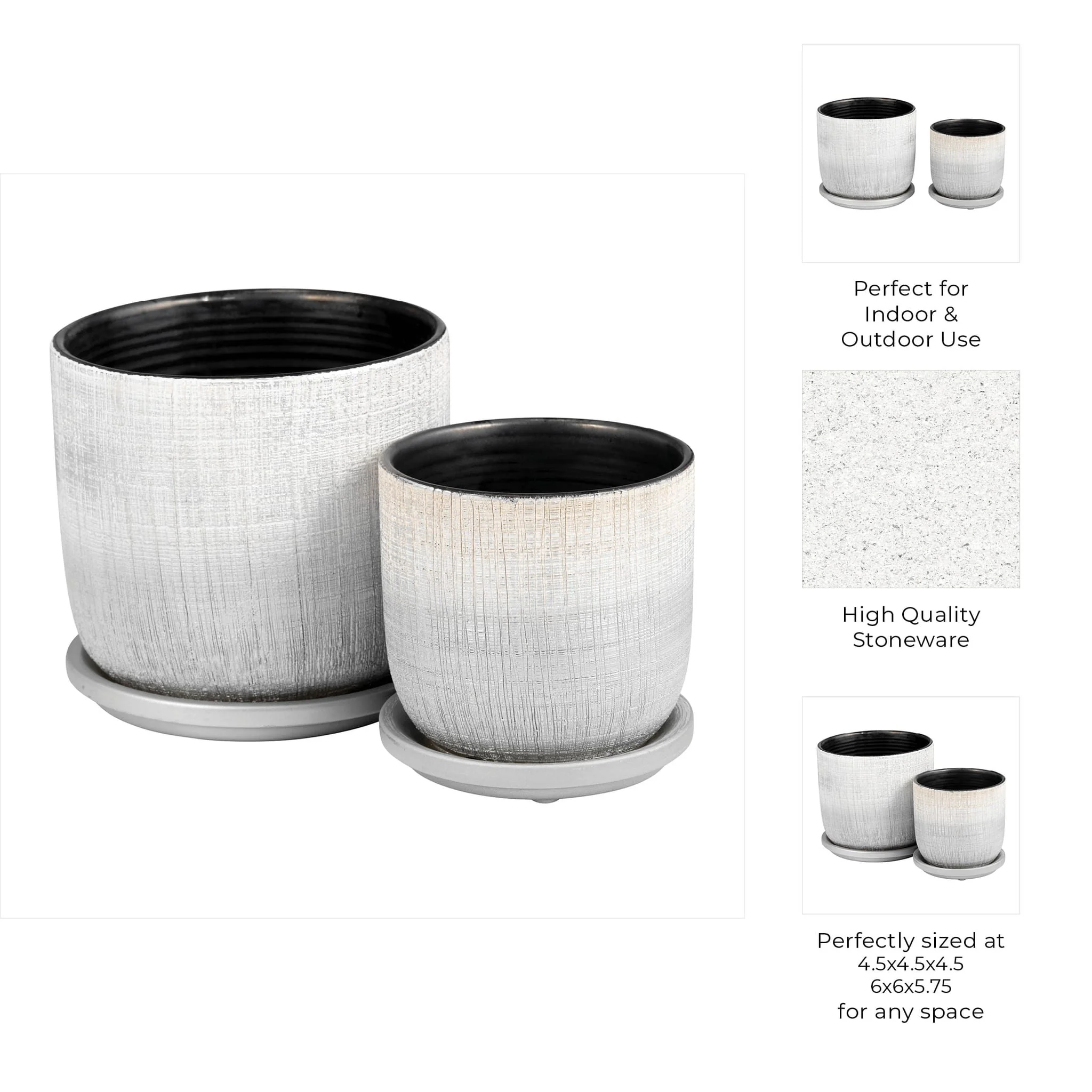 S/2 5/6" Textured Planter With Saucer, Silver - Image 8
