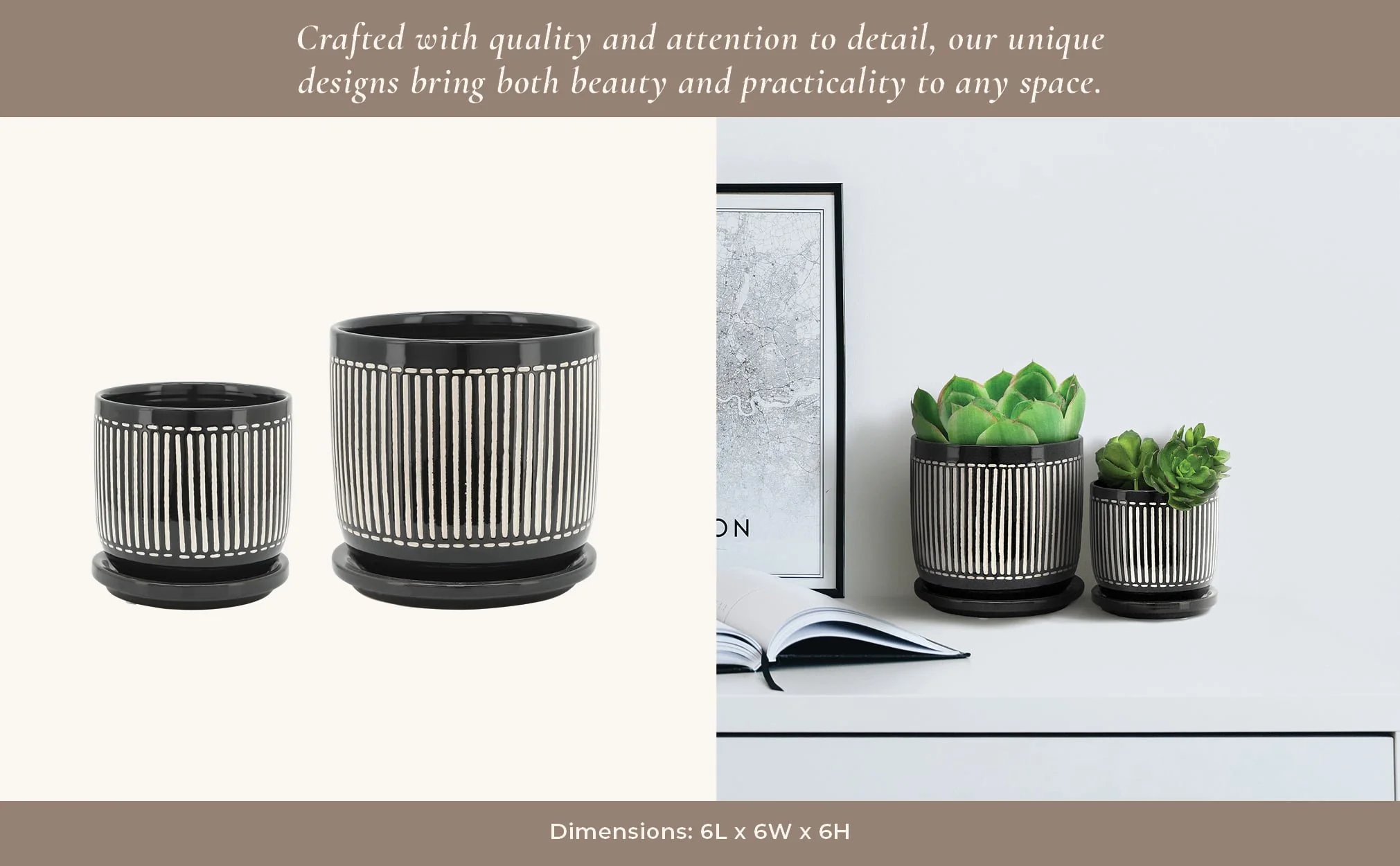 S/2 5/6" Vertical Lines Planter W/ Saucer, Black - Image 12