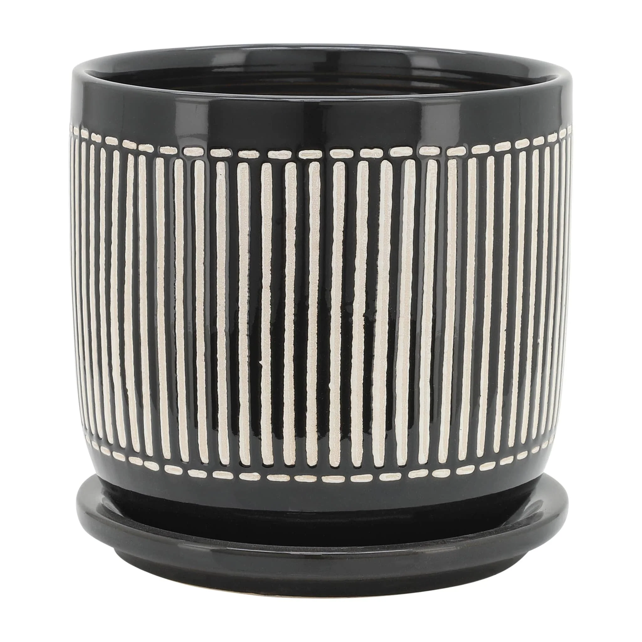 S/2 5/6" Vertical Lines Planter W/ Saucer, Black - Image 3