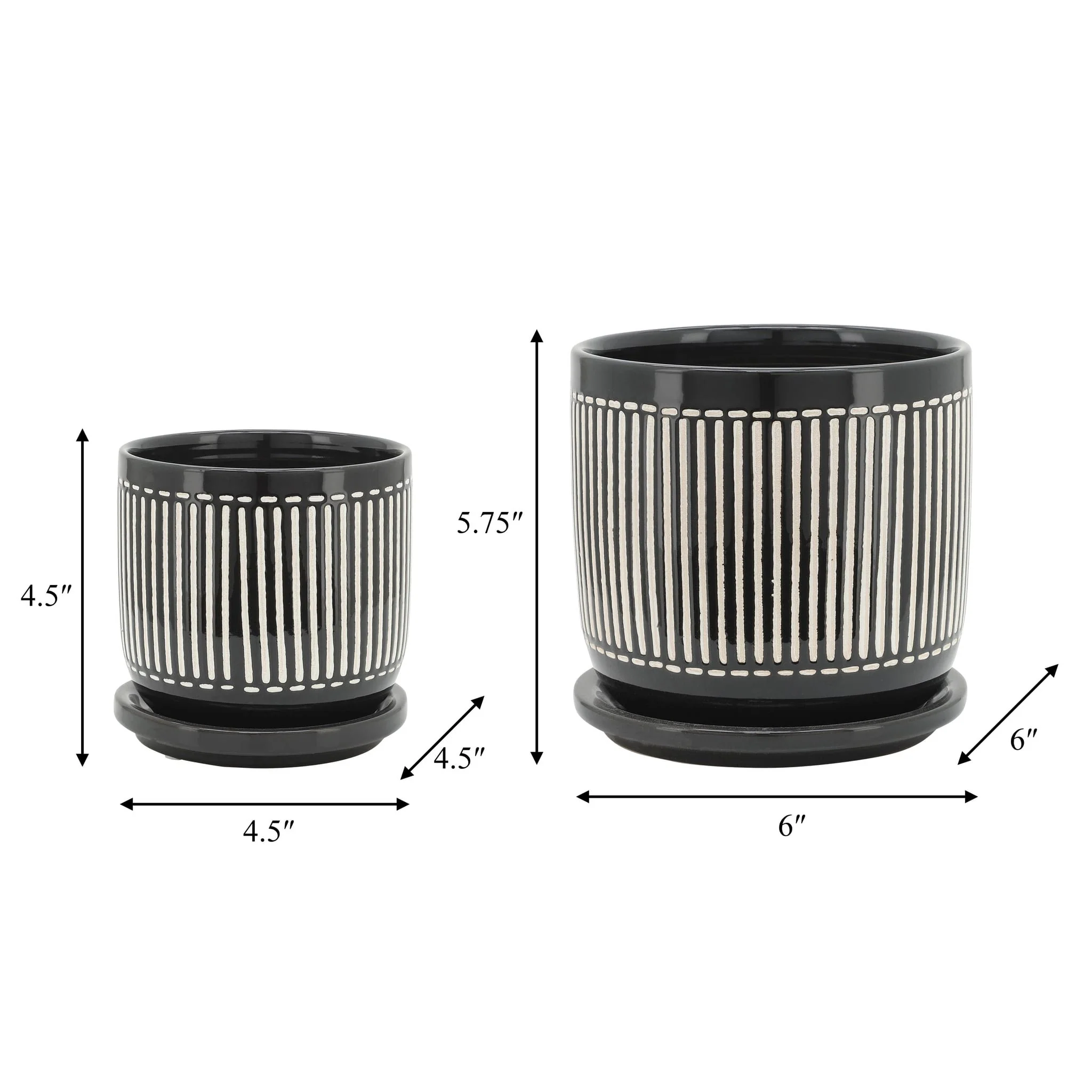 S/2 5/6" Vertical Lines Planter W/ Saucer, Black - Image 7