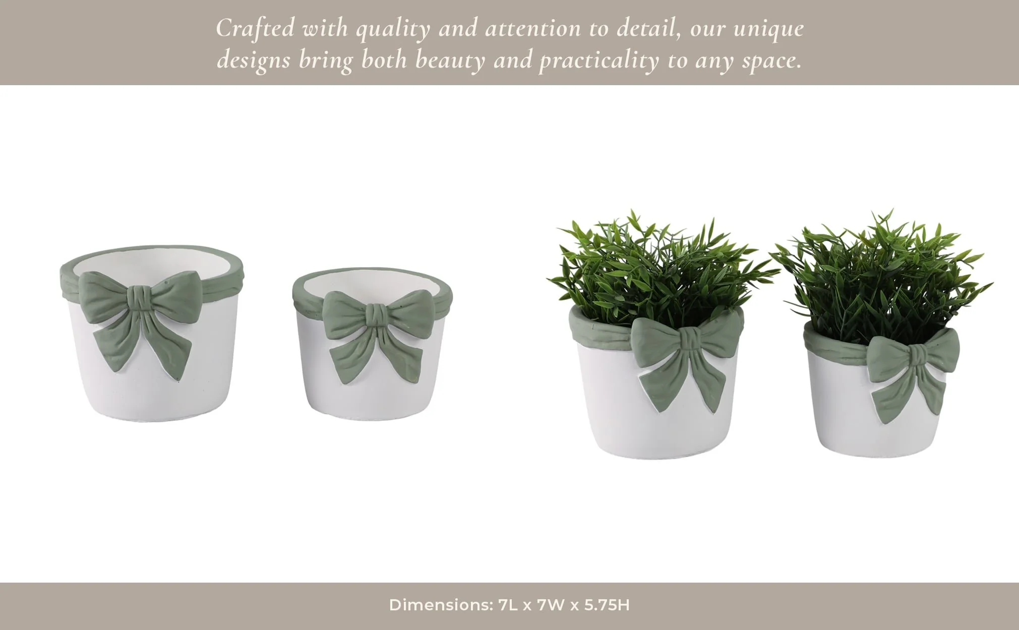 S/2 6/7" Big Bow Planters, White/green - Image 14