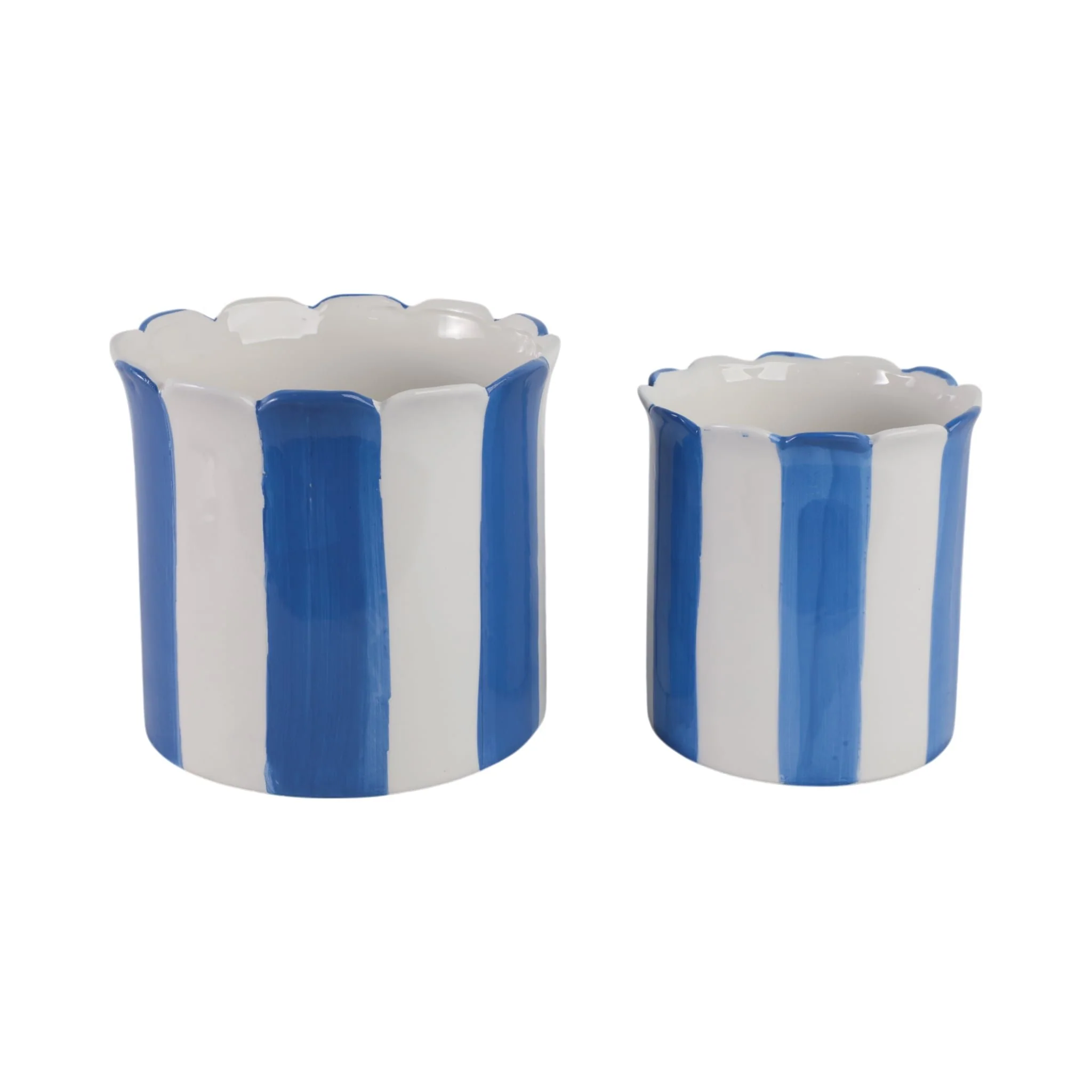 S/2 6/8" Striped Scallop Edge Planters, White/blue