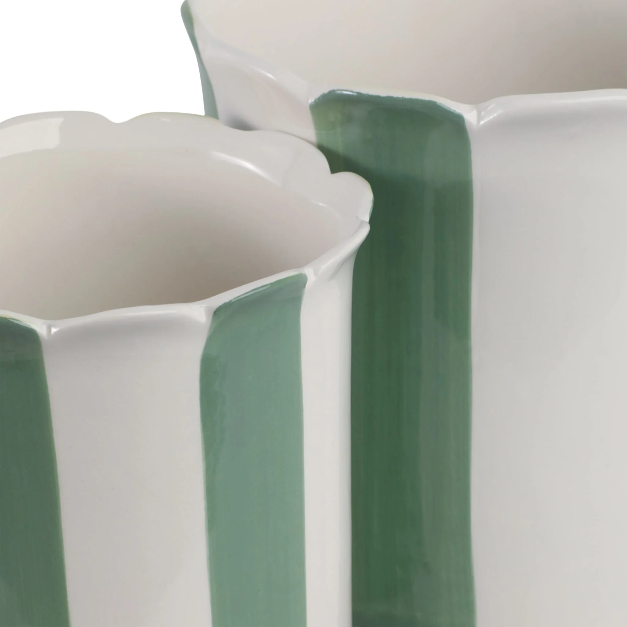 S/2 6/8" Striped Scallop Edge Planters, White/gn - Image 6