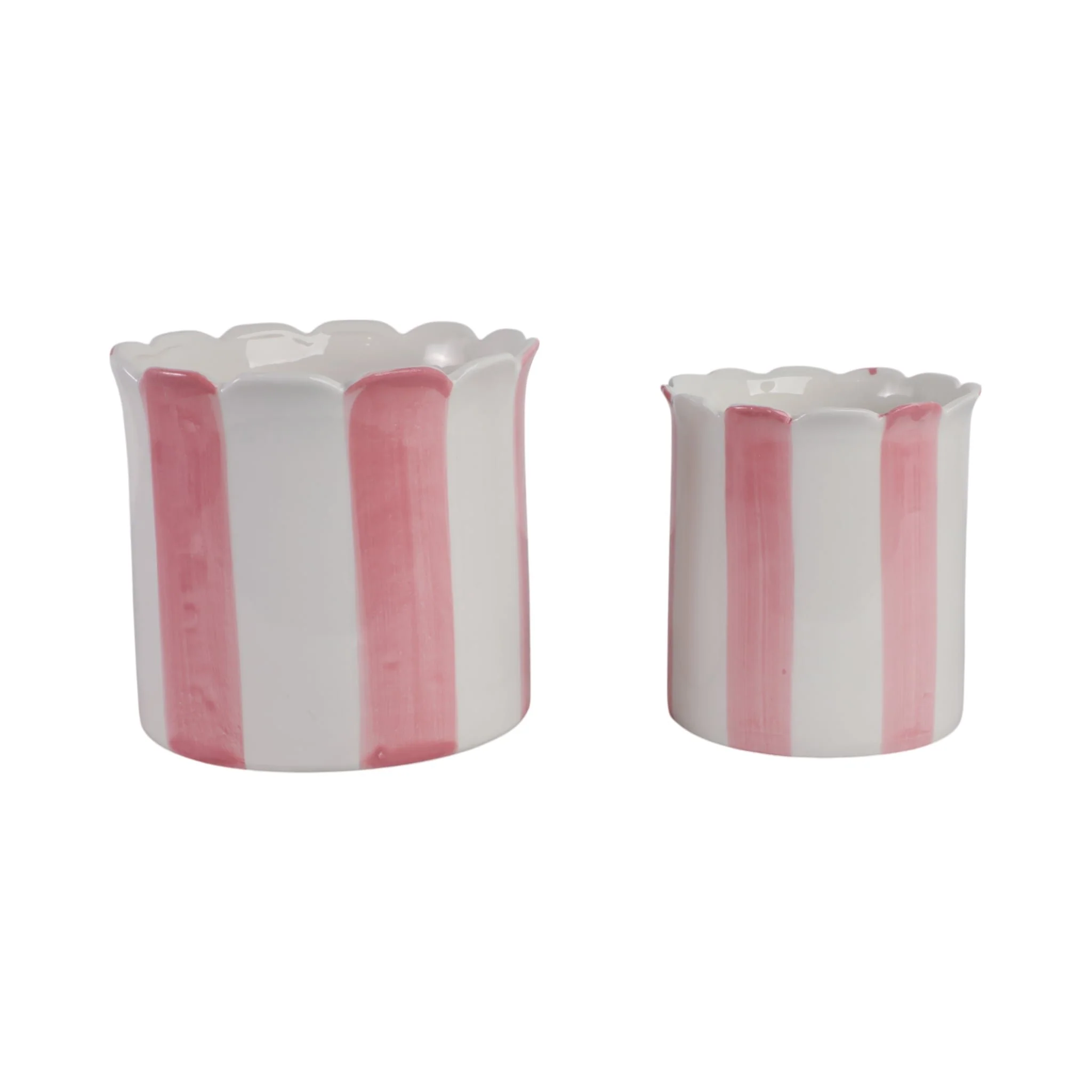 S/2 6/8" Striped Scallop Edge Planters, White/pink - Image 3