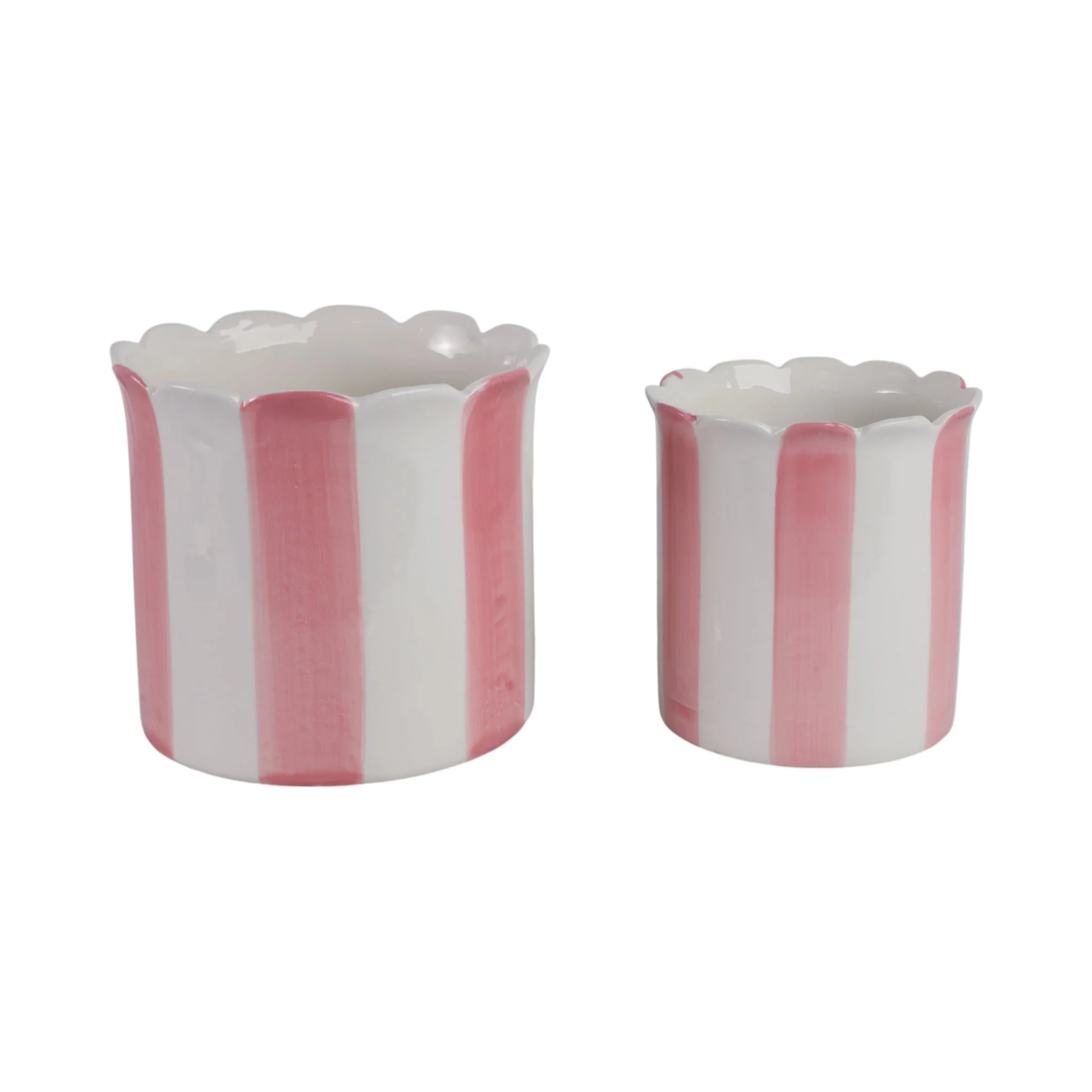 S/2 6/8" Striped Scallop Edge Planters, White/pink - Image 4