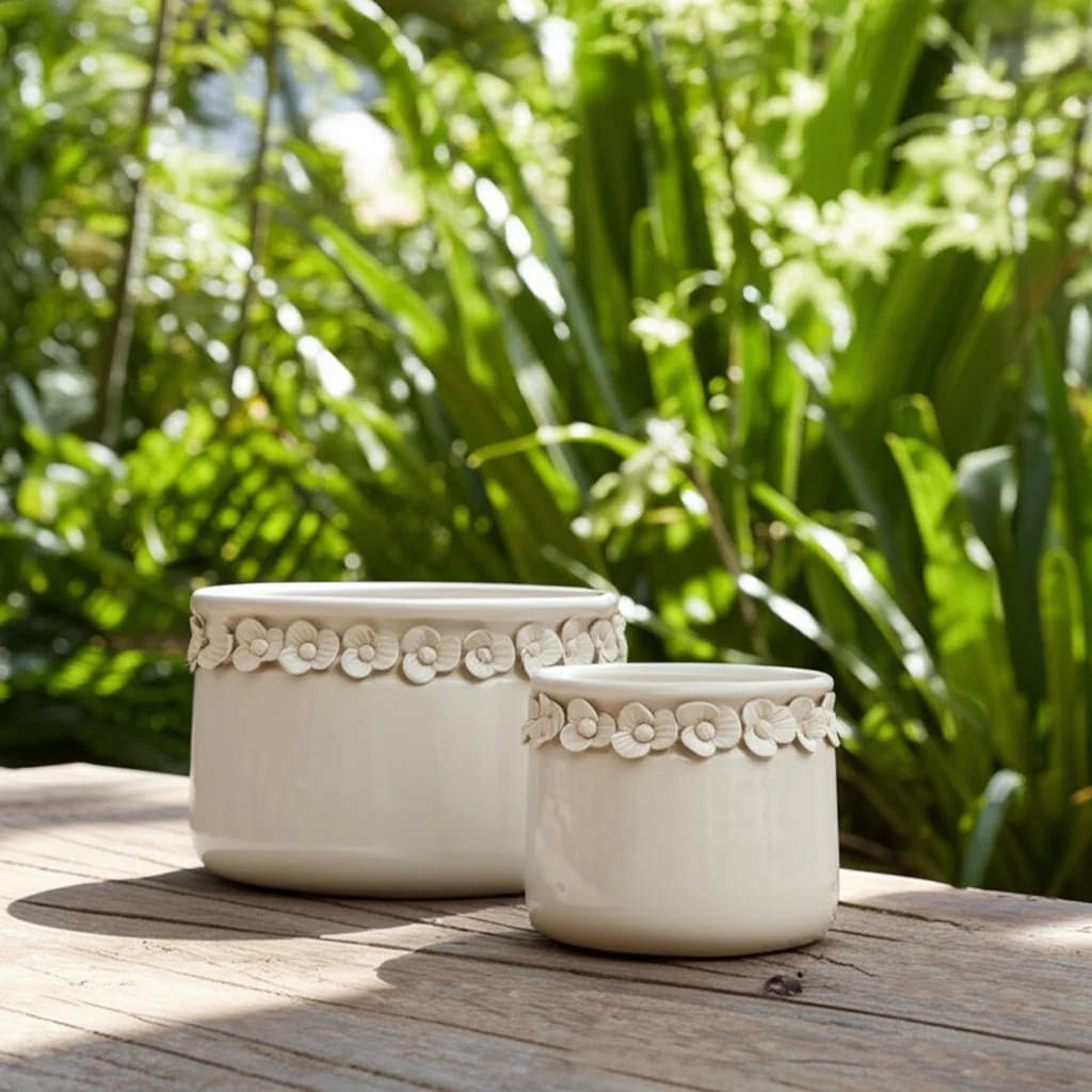 S/2 7/10" Floral Applique Planter,  Ivory - Image 11