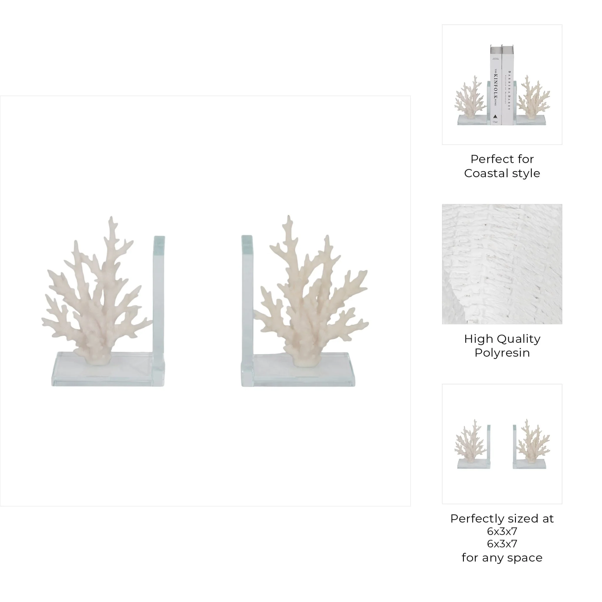 S/2 7" Coral On Glass Bookends, White - Image 8