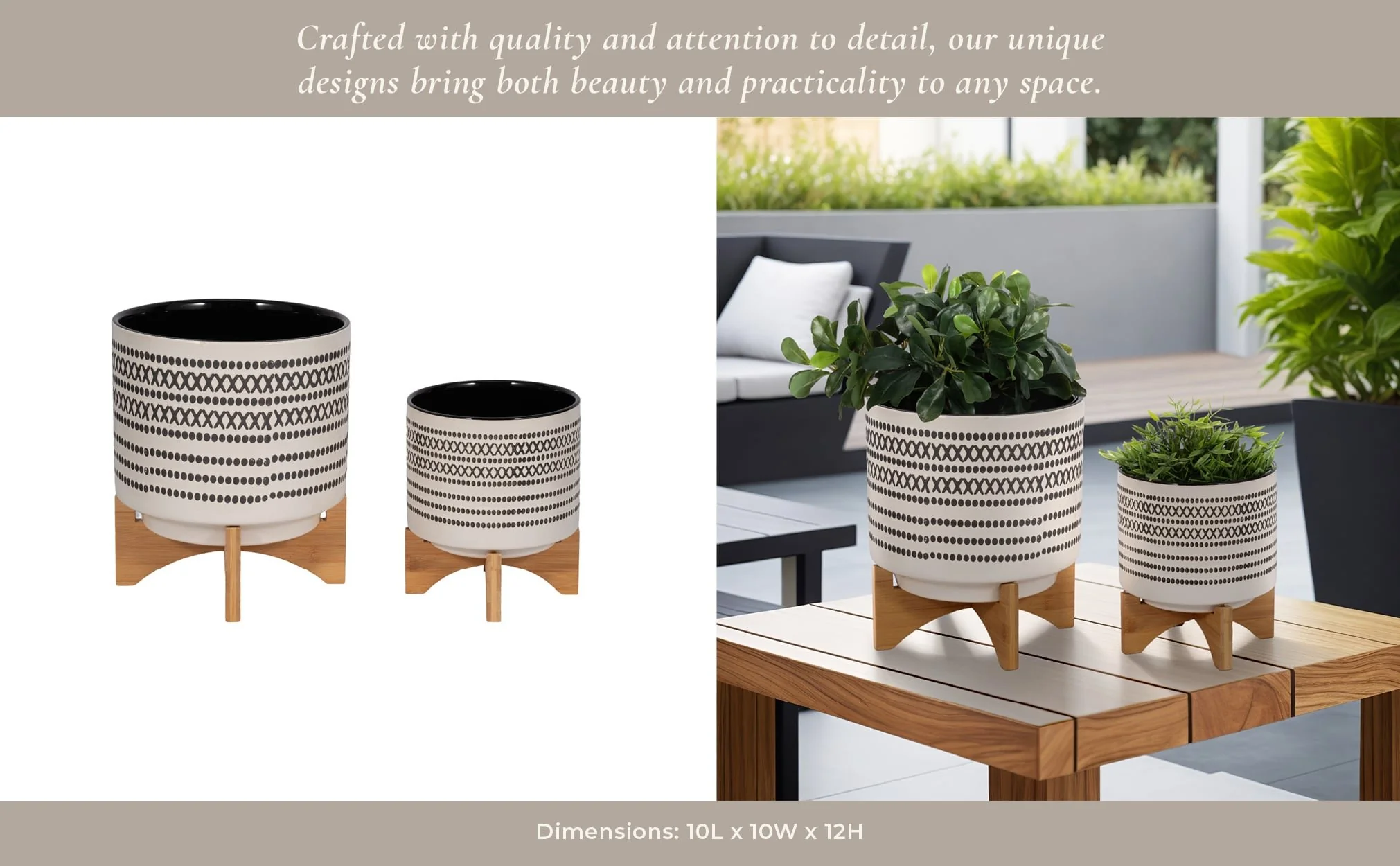S/2 8/10" Aztec Planter W/ Wood Stand, Gray - Image 11