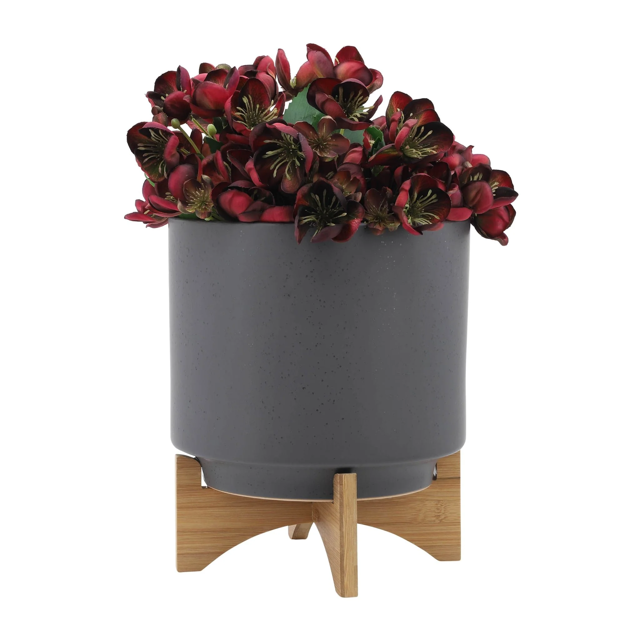 S/2 8/10" Planter W/ Wood Stand, Matte Gray - Image 3