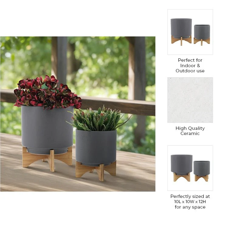 S/2 8/10" Planter W/ Wood Stand, Matte Gray - Image 9