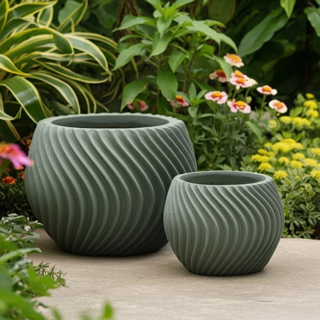 S/2 8/12" Curvy Lines Rounded Planter, Sage Green - Image 11