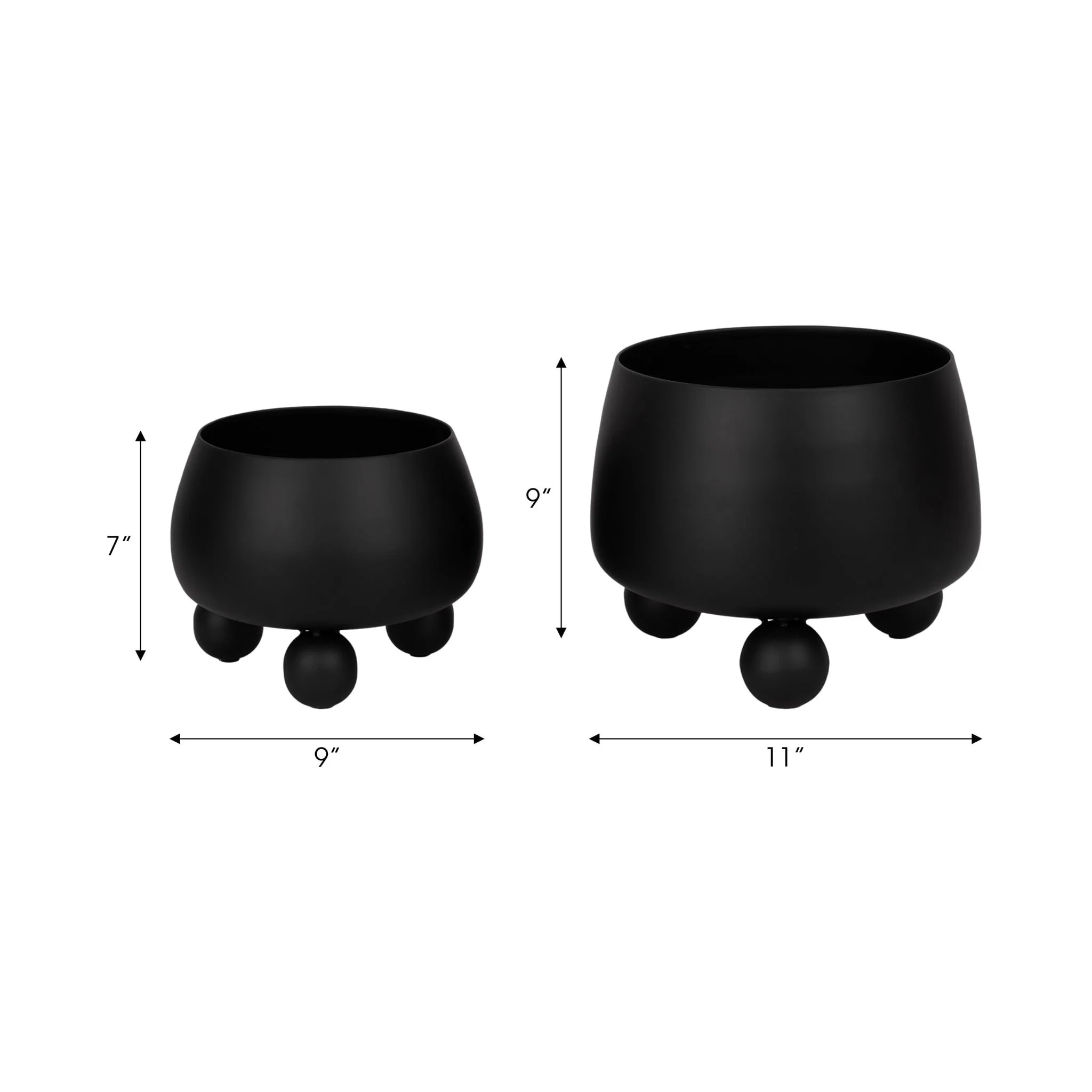 S/2 9/11" Round Metal Planters With Ball Feet, Blk - Image 6
