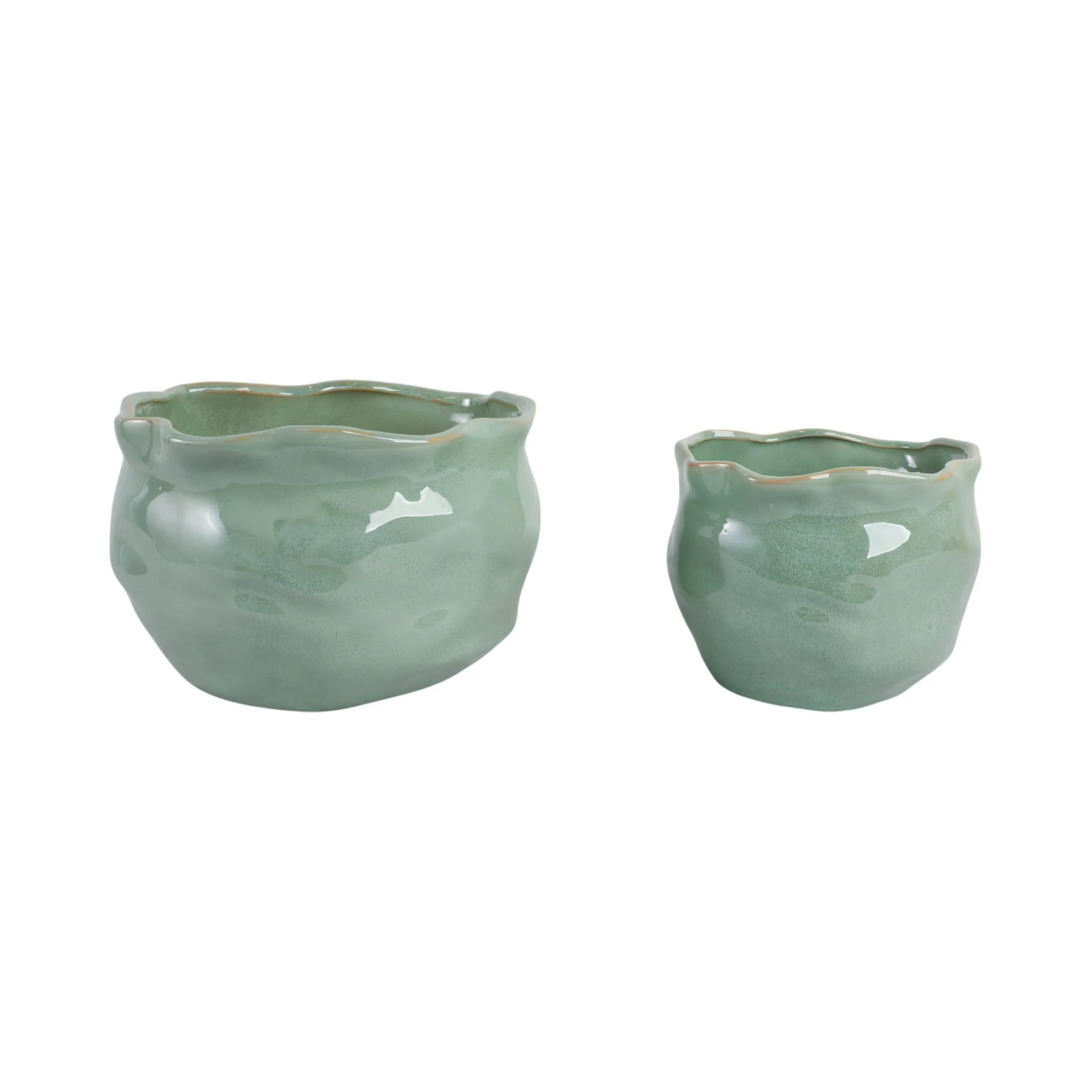 S/2 9/12" Round Wavy Edge Planters, Sage Green