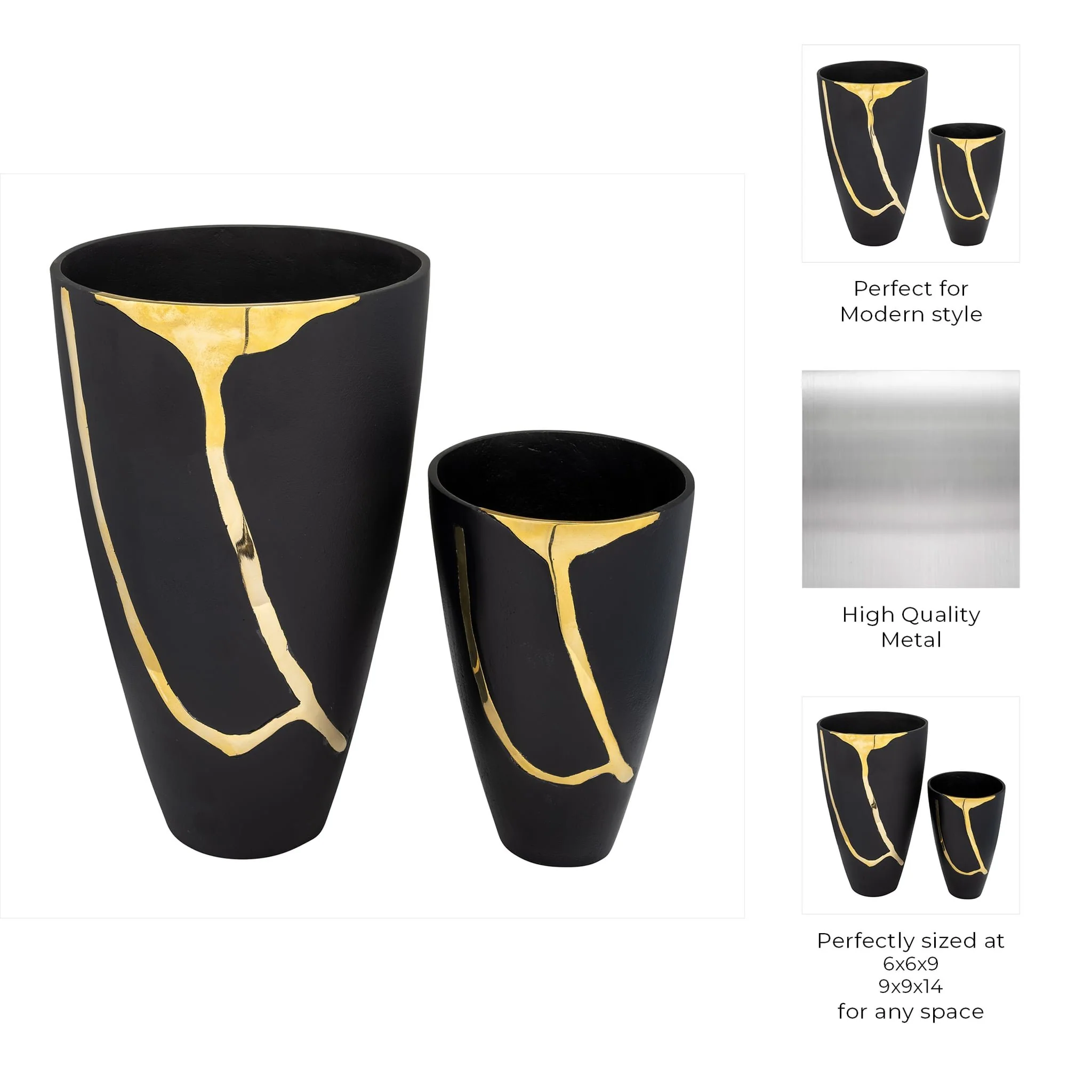 S/2 9/14", Metal Cracked Design Vases, Brass/cha - Image 10