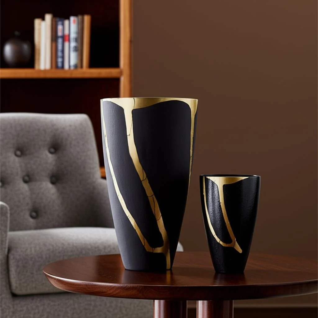 S/2 9/14", Metal Cracked Design Vases, Brass/cha - Image 12