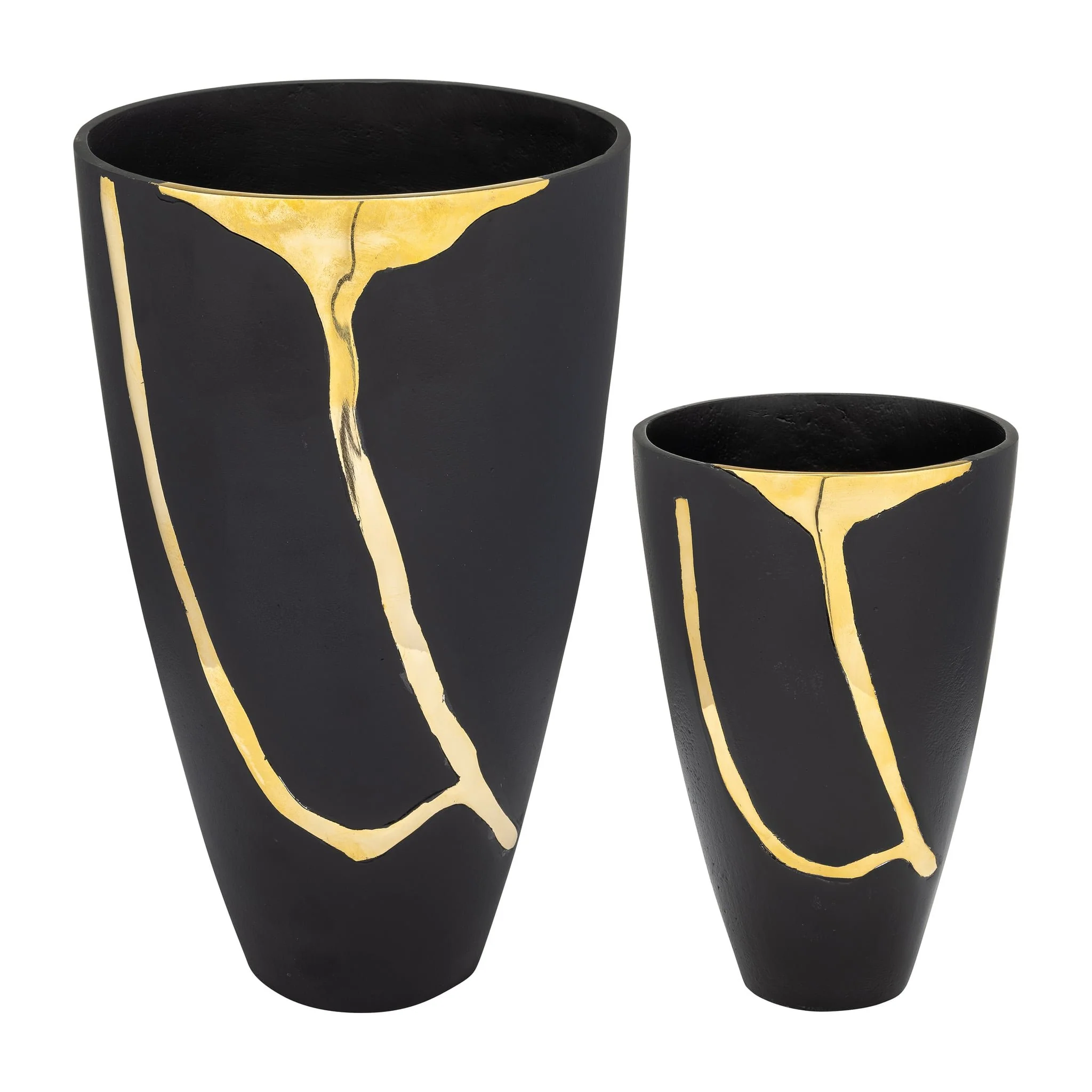 S/2 9/14", Metal Cracked Design Vases, Brass/cha - Image 2