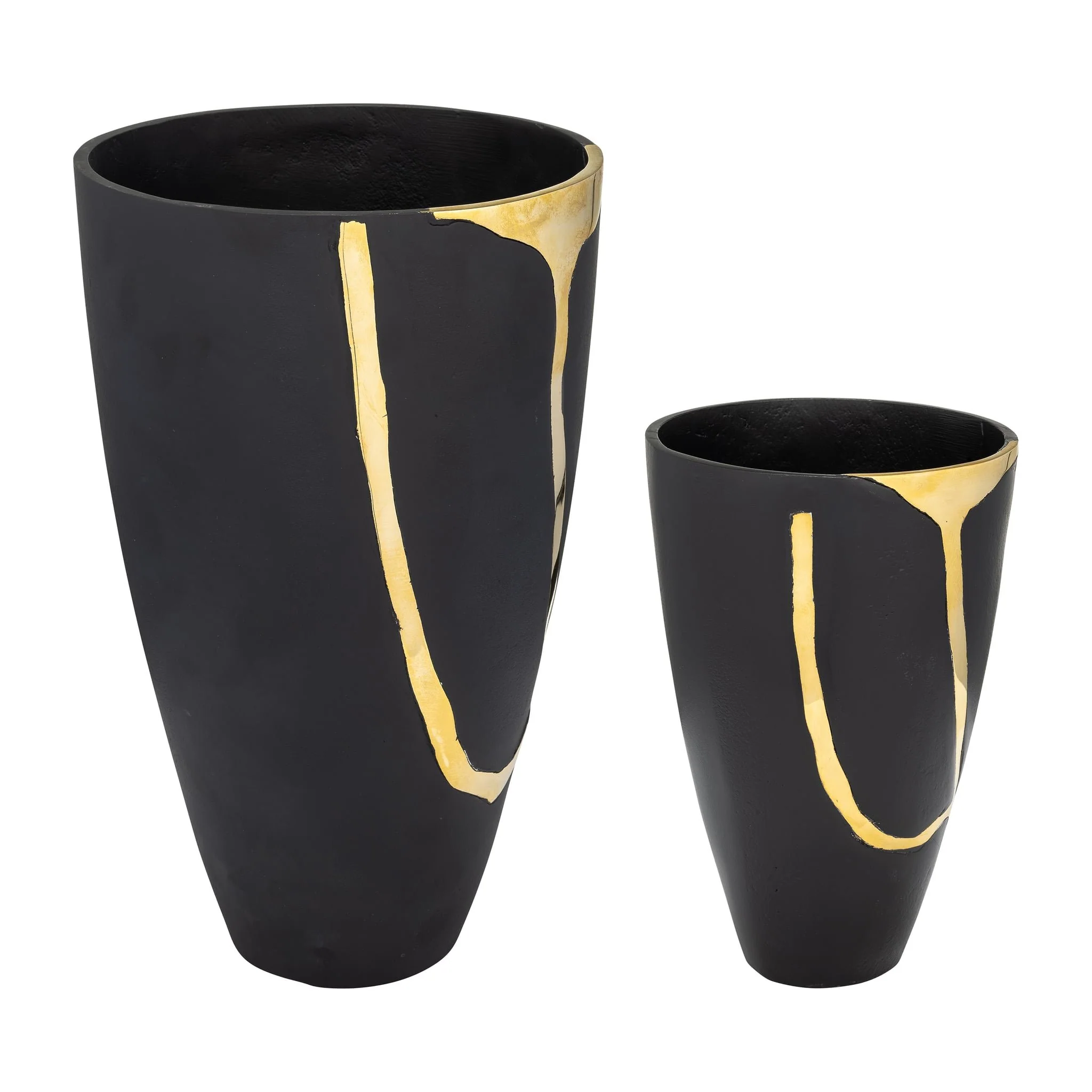 S/2 9/14", Metal Cracked Design Vases, Brass/cha - Image 3