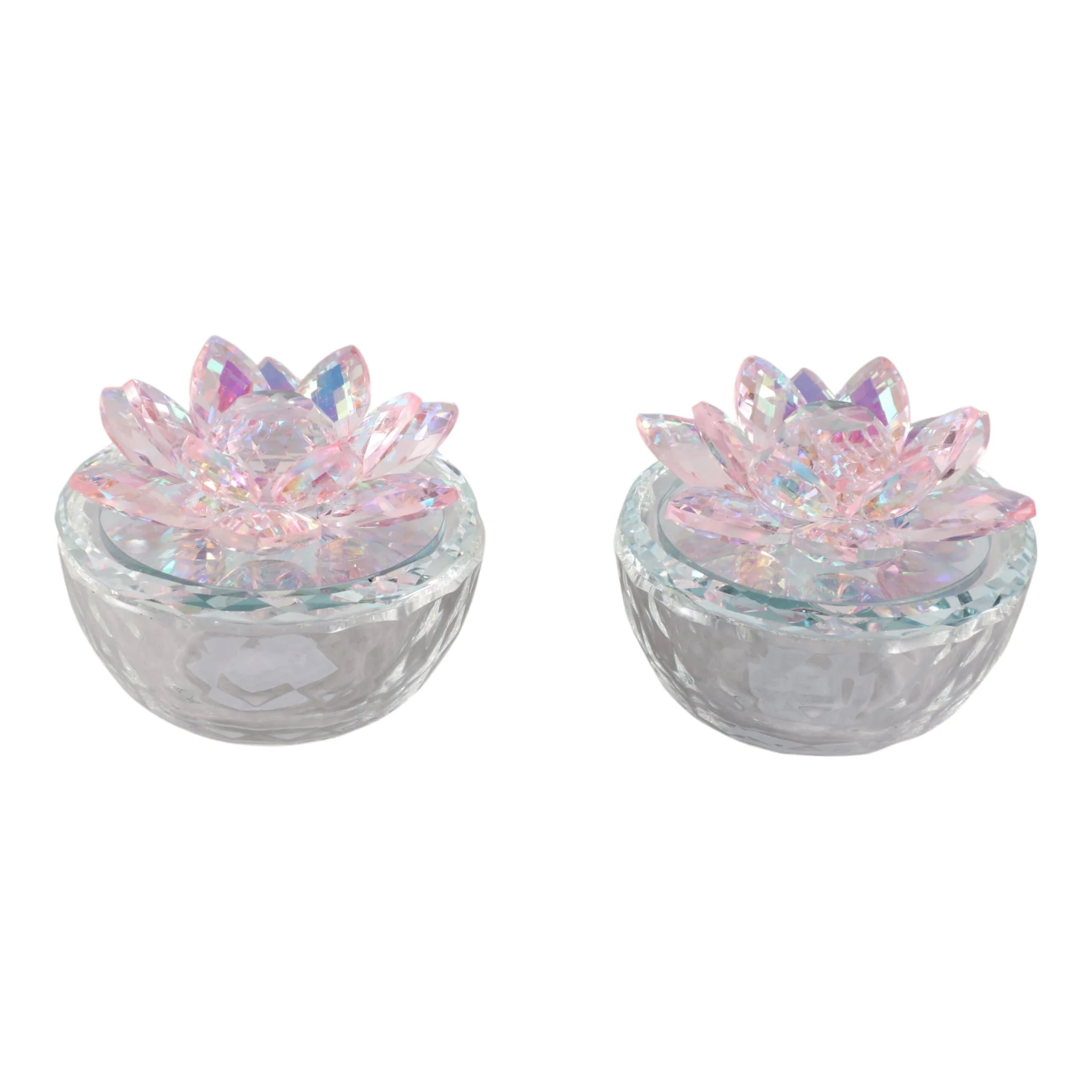 S/2 Glass Trinket Box Clear W/blush Lotus Top