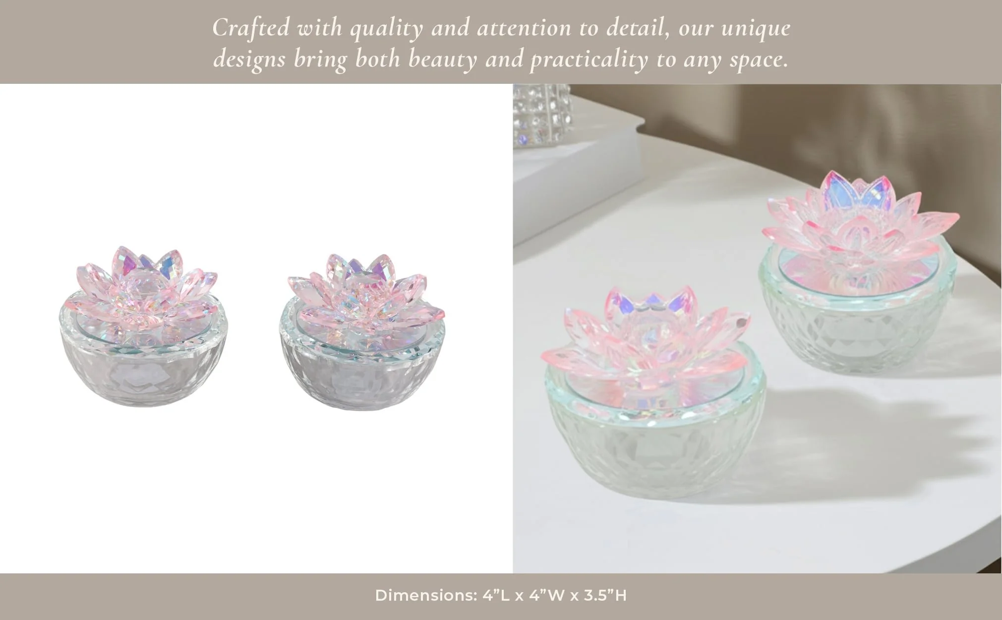 S/2 Glass Trinket Box Clear W/blush Lotus Top - Image 10