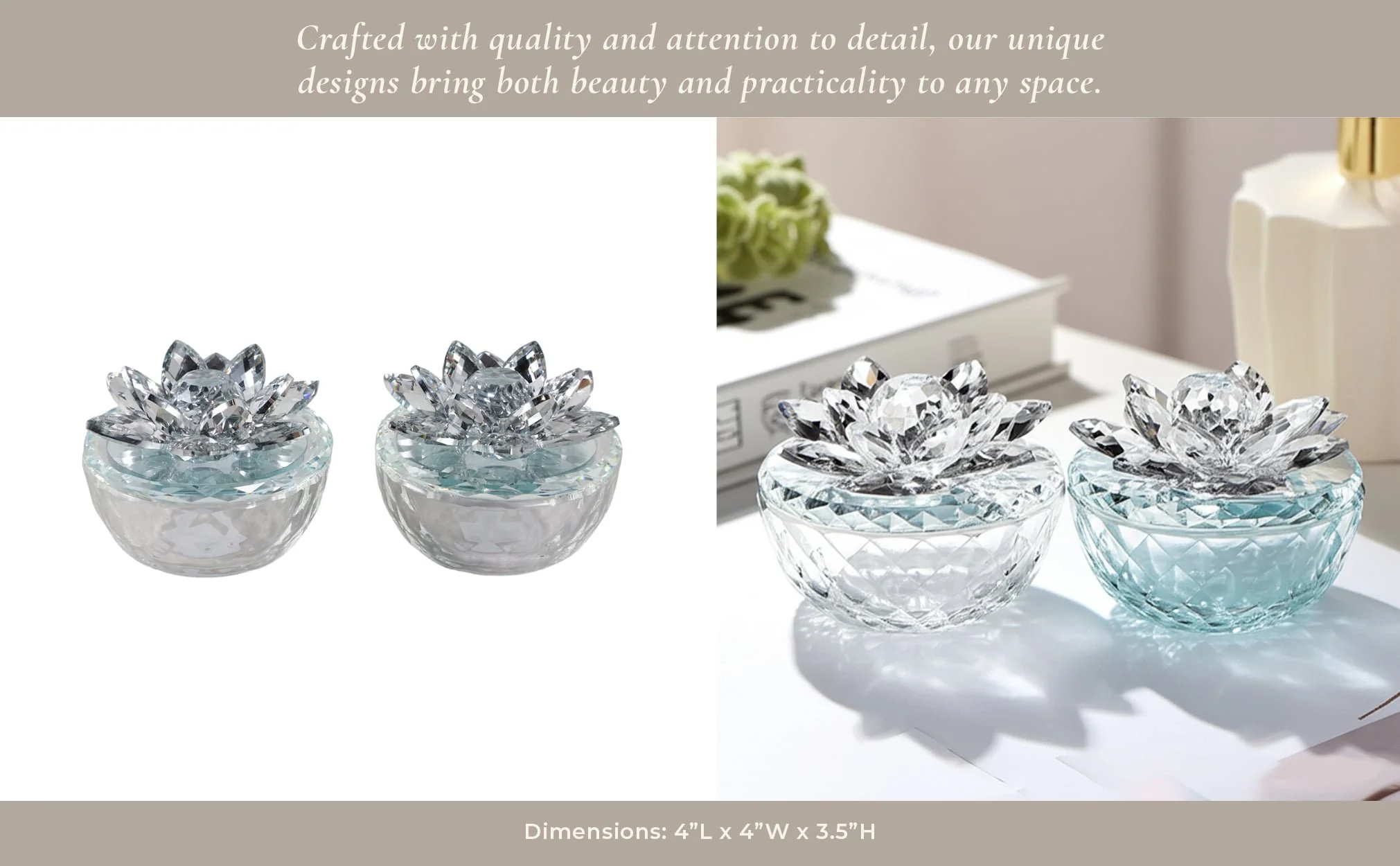 S/2 Glass Trinket Box Clear W/silver Lotus Top - Image 10