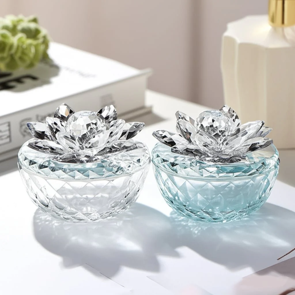 S/2 Glass Trinket Box Clear W/silver Lotus Top - Image 8