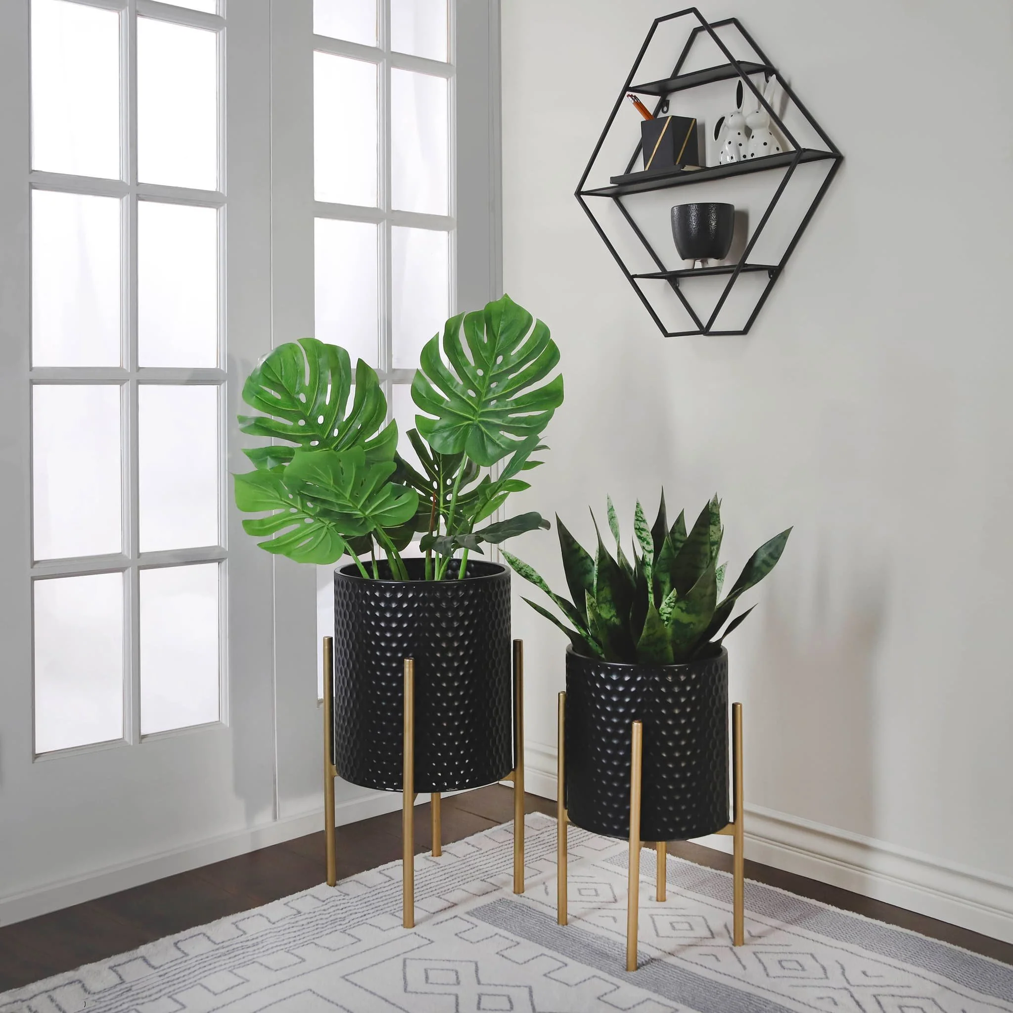 S/2 Honeycomb Planter On Metalstand, Black/gld - Image 8
