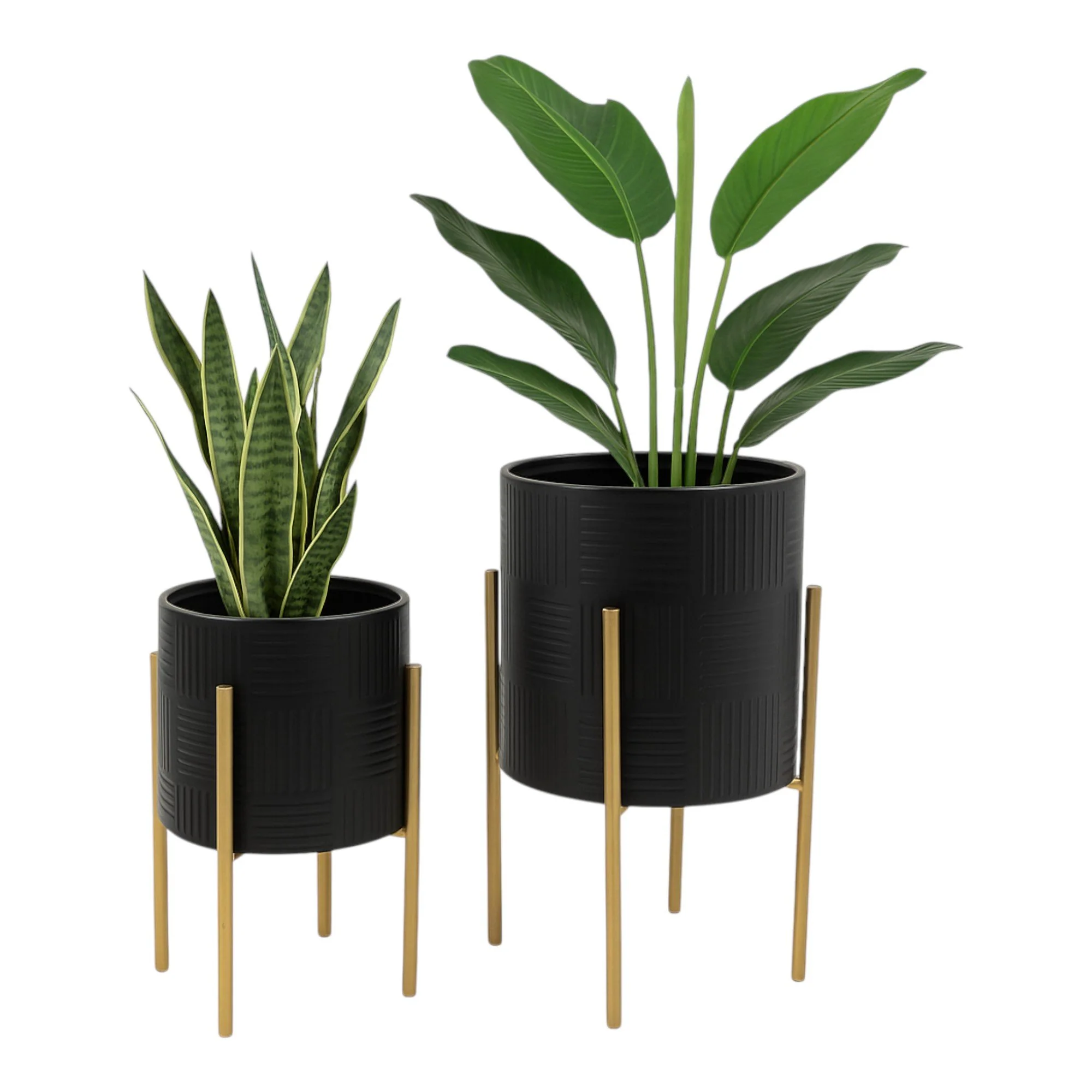 S/2 Planter W/ Lines On Metal Stand, Black/gold - Image 2