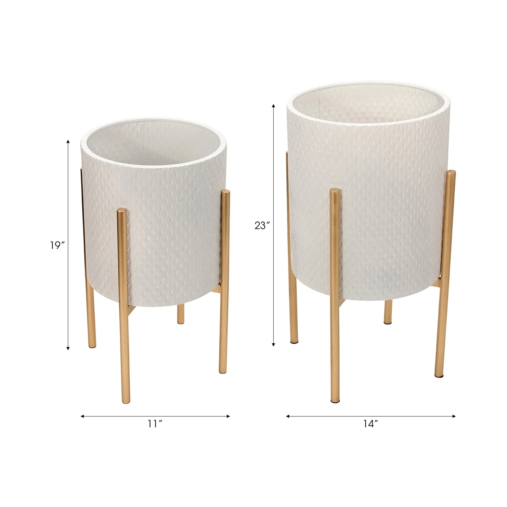 S/2 Textured Planter On Metal Stand, White/gold - Image 5