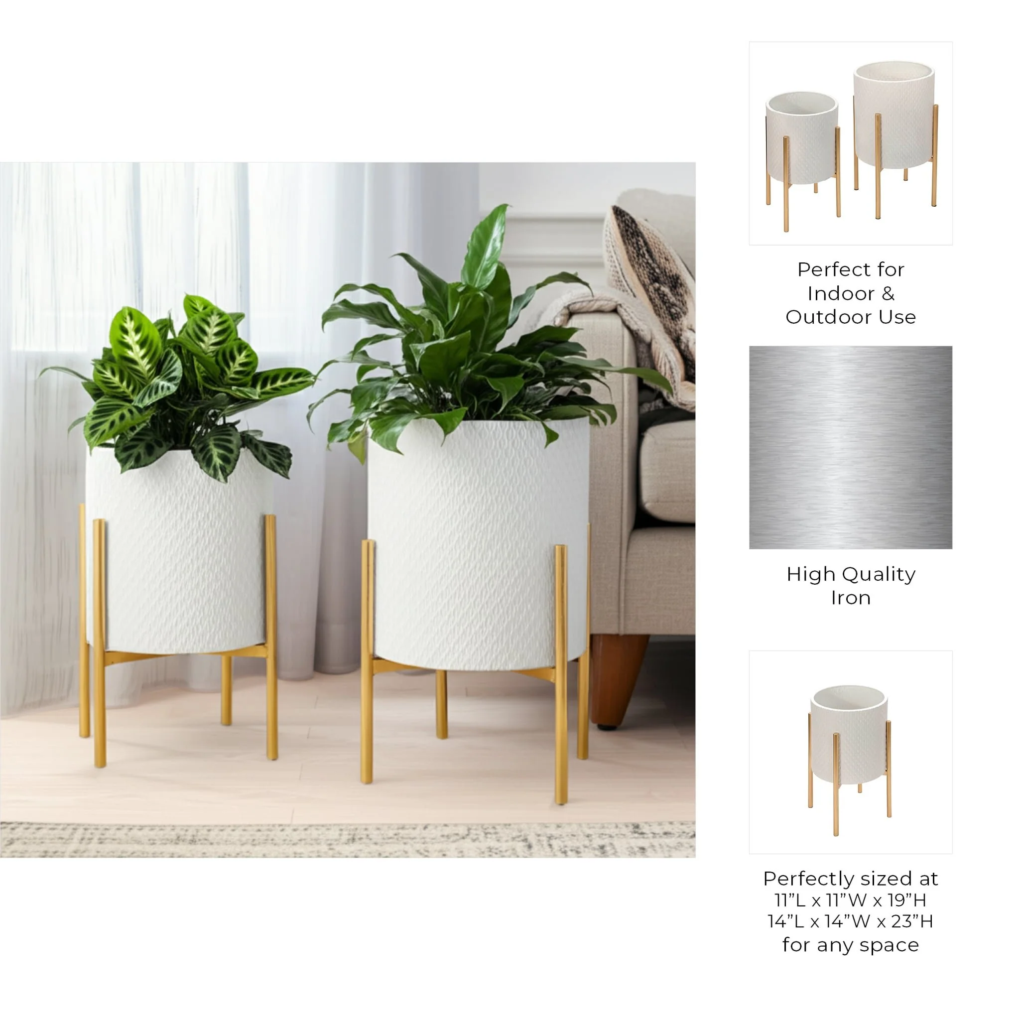 S/2 Textured Planter On Metal Stand, White/gold - Image 6