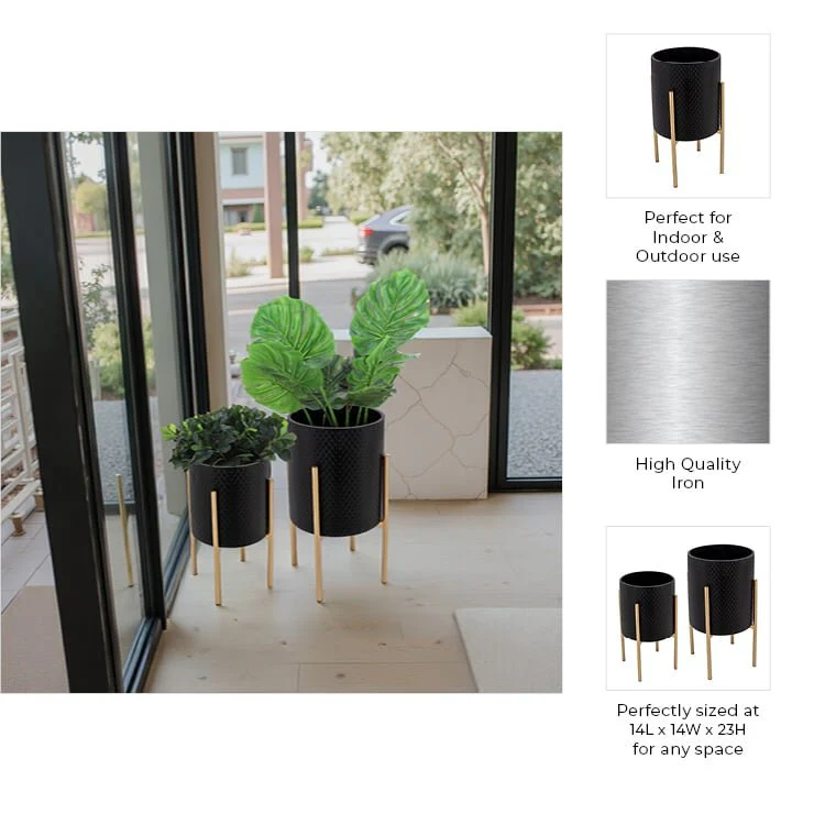 S/2 Textured Planter On Metalstand, Black/gld - Image 6