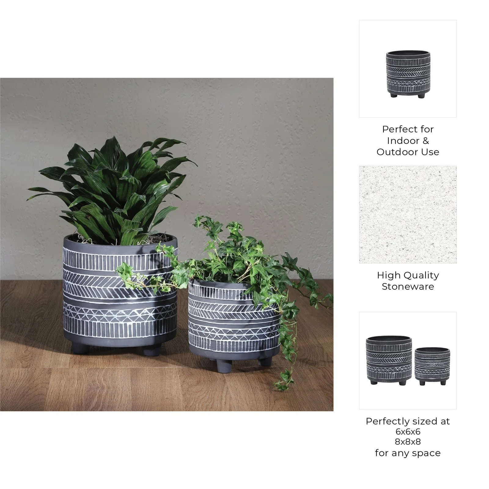 S/2 Tribal Look Footed Planter 6/8", Black - Image 4