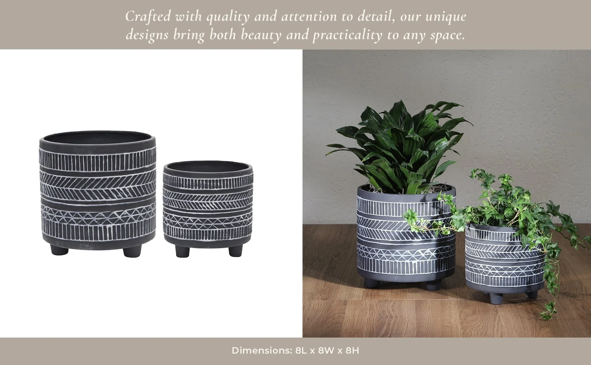 S/2 Tribal Look Footed Planter 6/8", Black - Image 6