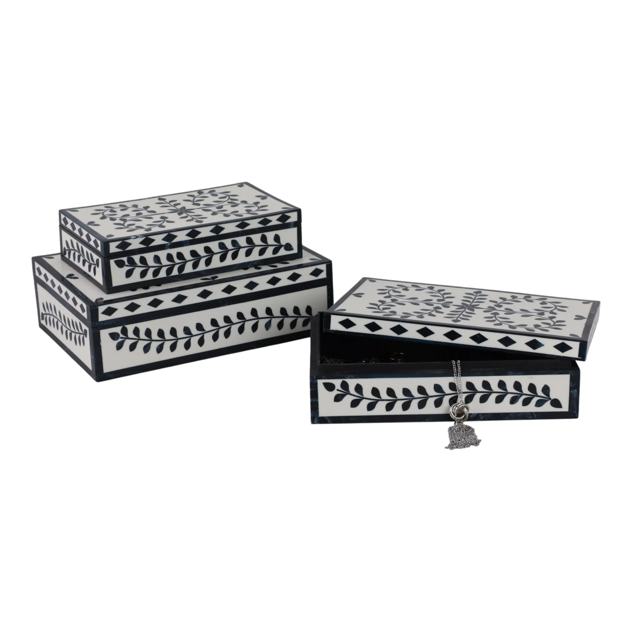 S/3 10/11/12" Blue Petals Boxes, White/blue